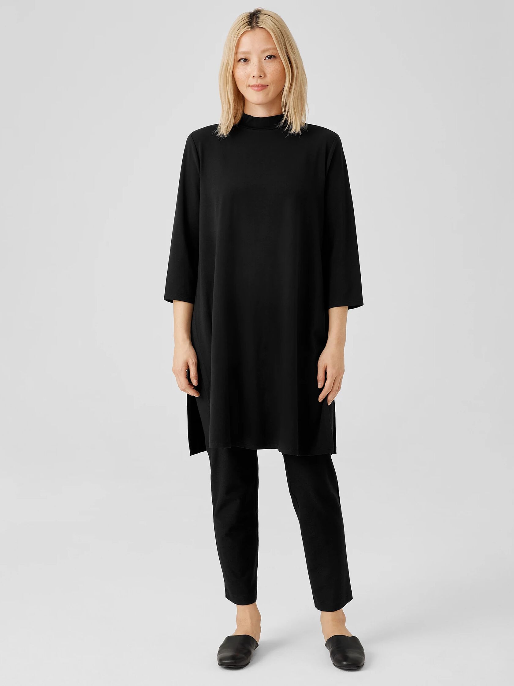 Stretch Jersey Knit Mock Neck Long Top