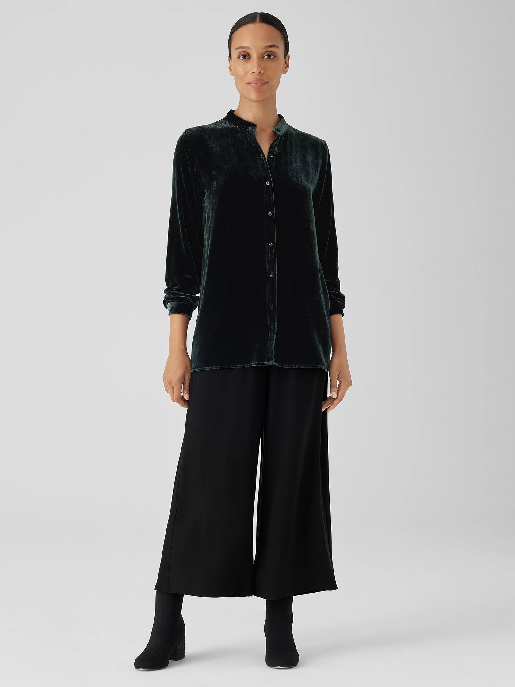 Velvet Band Collar Long Shirt