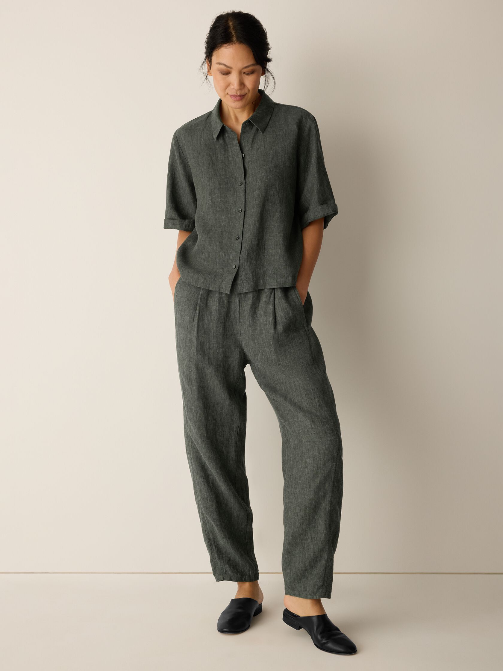 Washed Organic Linen Délavé Elbow-Sleeve Top