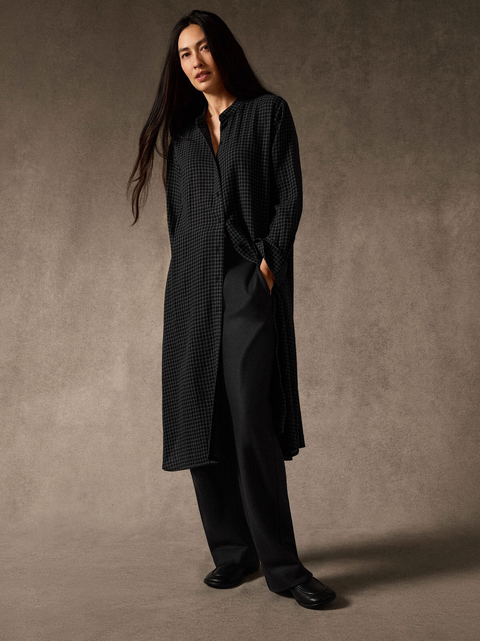 Wool Cotton Check Band Collar Shirtdress