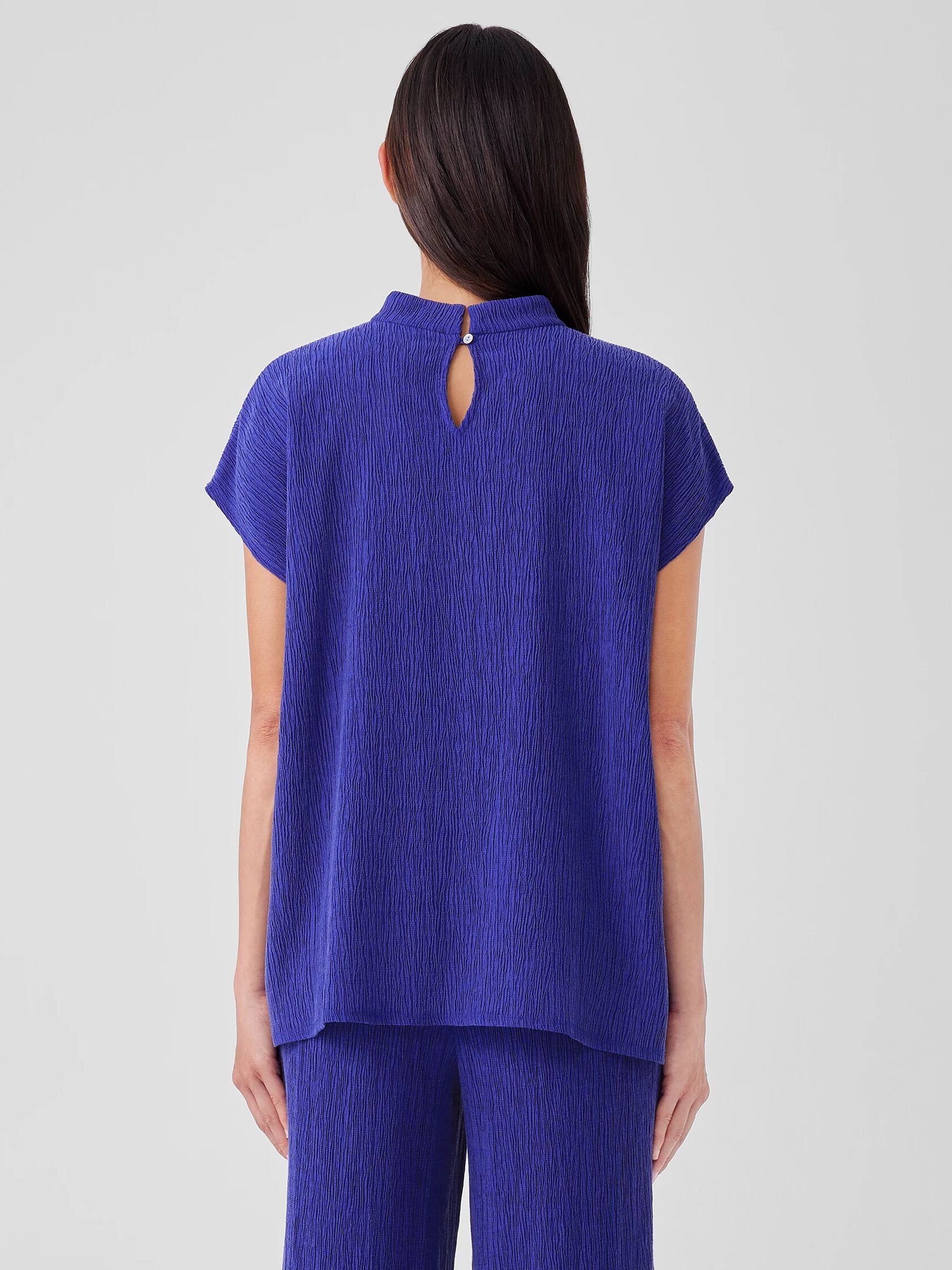 Woven Plissé Mock Neck Top