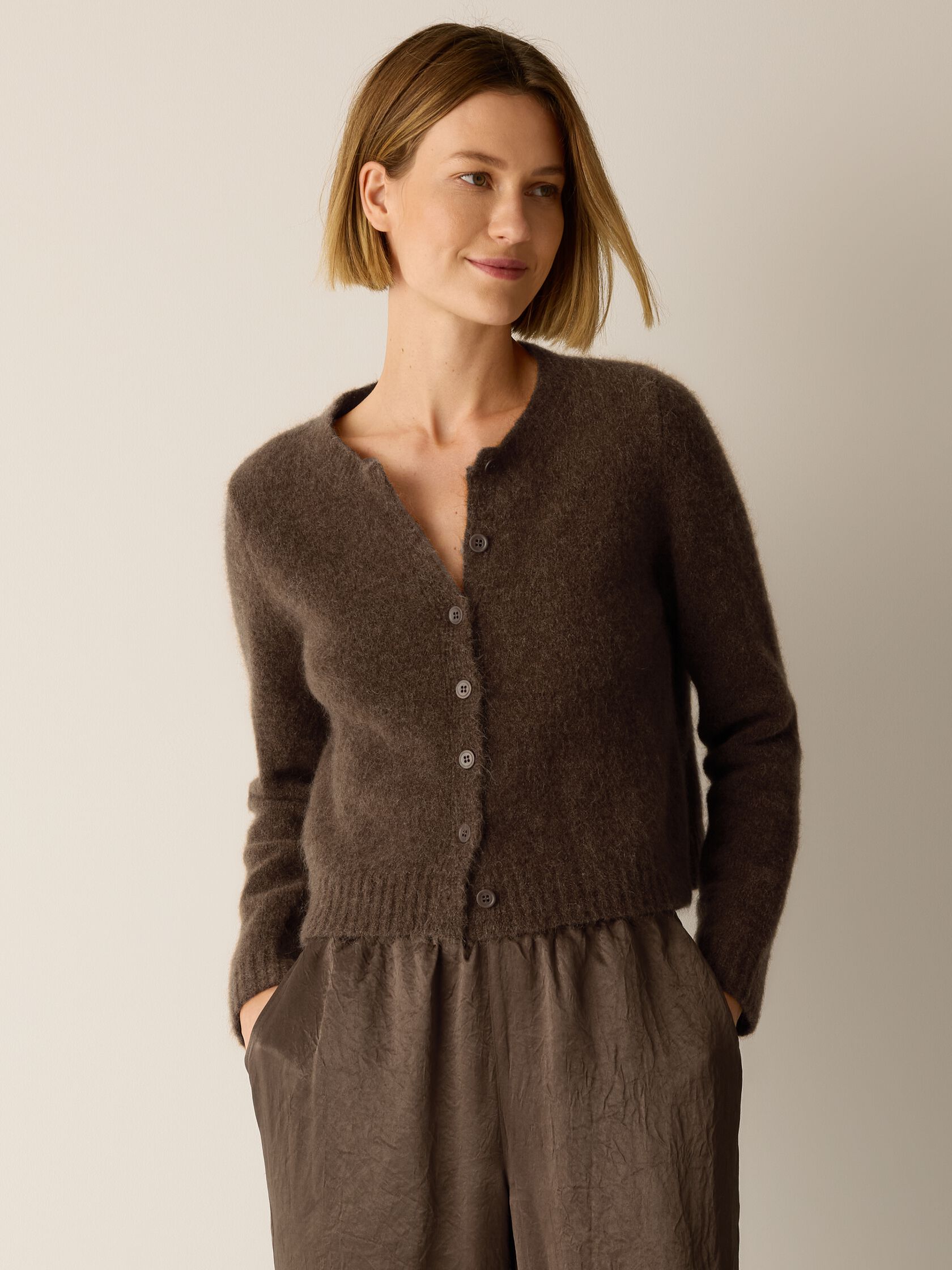 Mohair Plush M&eacute;lange Crew Neck Cardigan