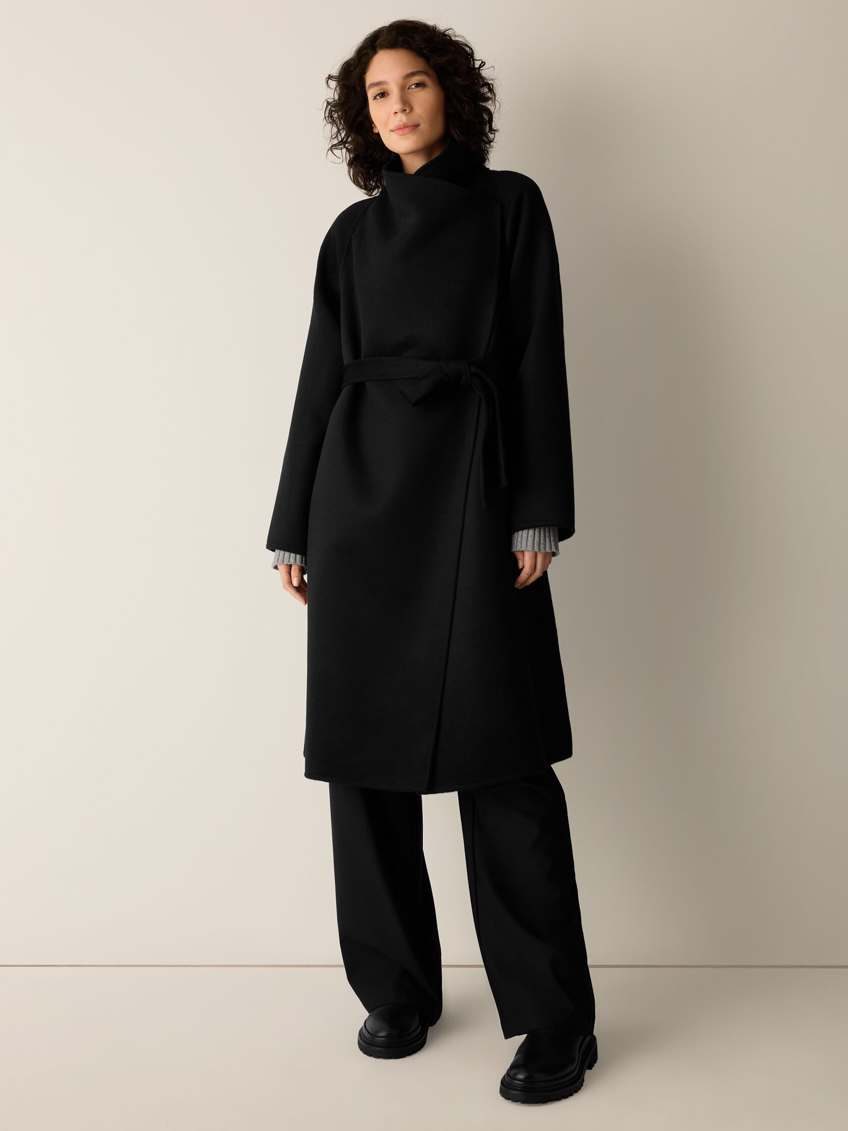 Lustrous Wool Drape Neck Coat