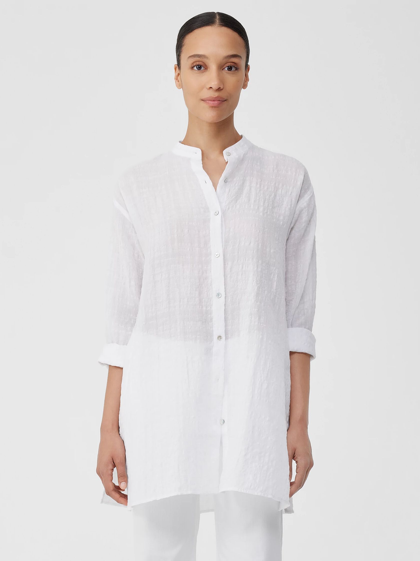 Linen Cotton Sheer Check Mandarin Collar Long Shirt