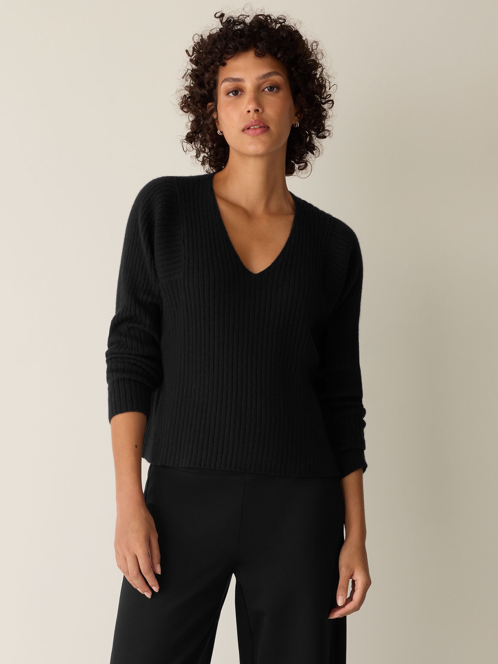 Italian Cashmere Ribbed V-Neck Top