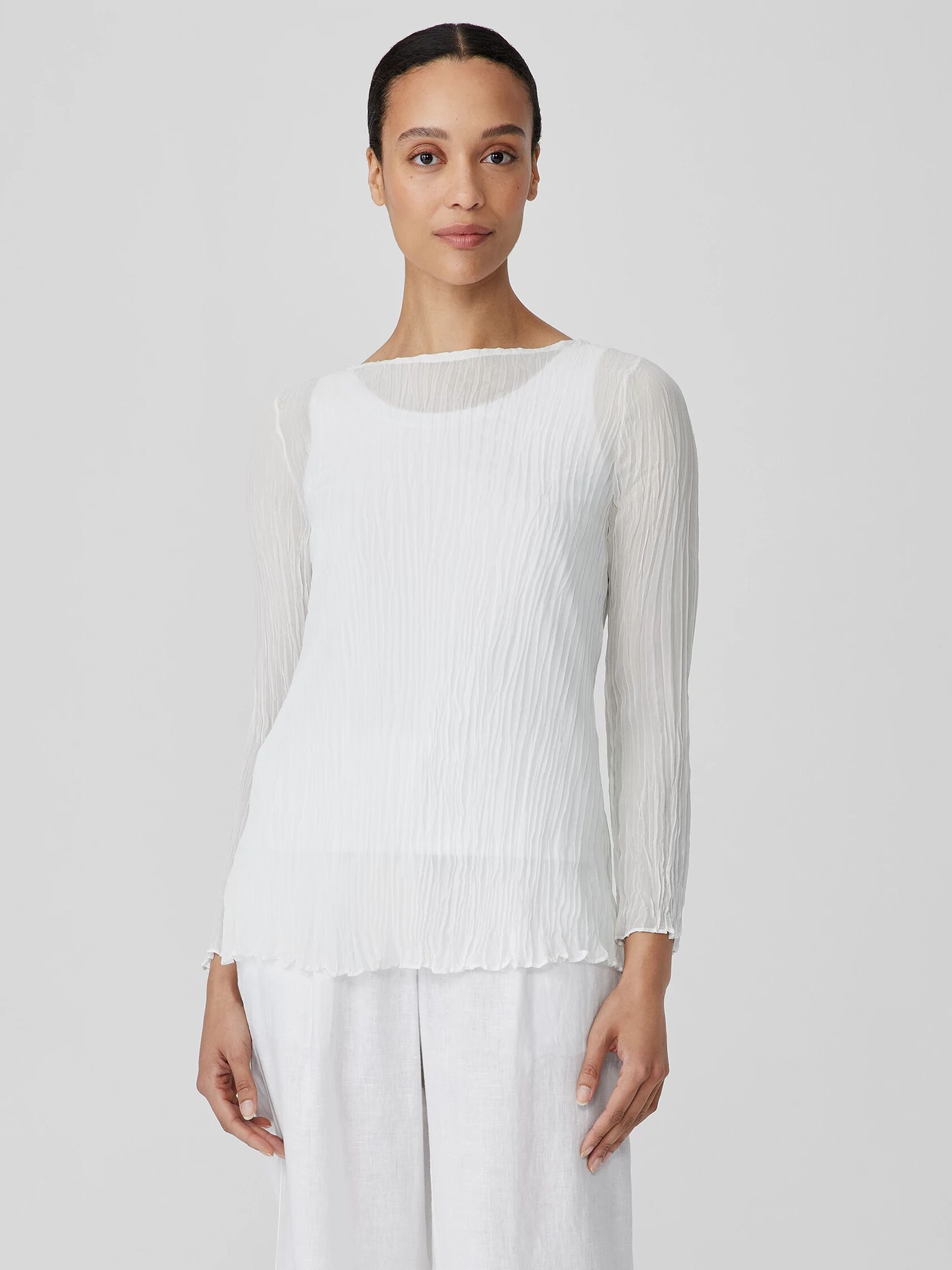 Crinkled Sheer Silk Georgette Bateau Neck Long Top