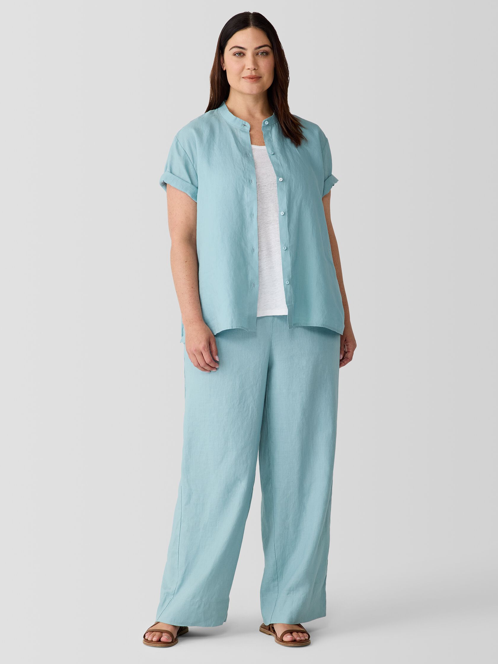 Organic Handkerchief Linen Band Collar Short-Sleeve Shirt