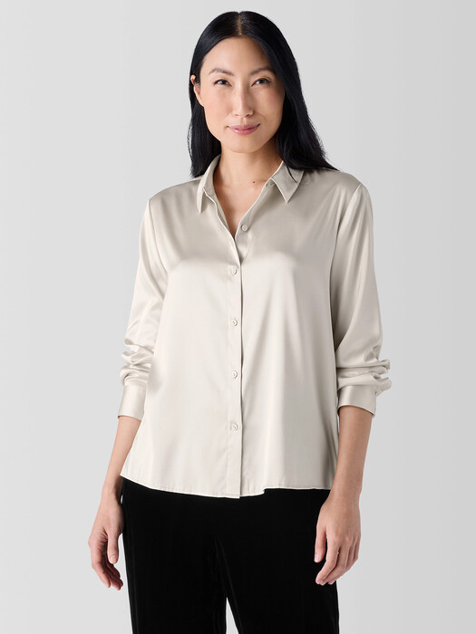 Stretch Silk Charmeuse Classic Collar Shirt EILEEN FISHER