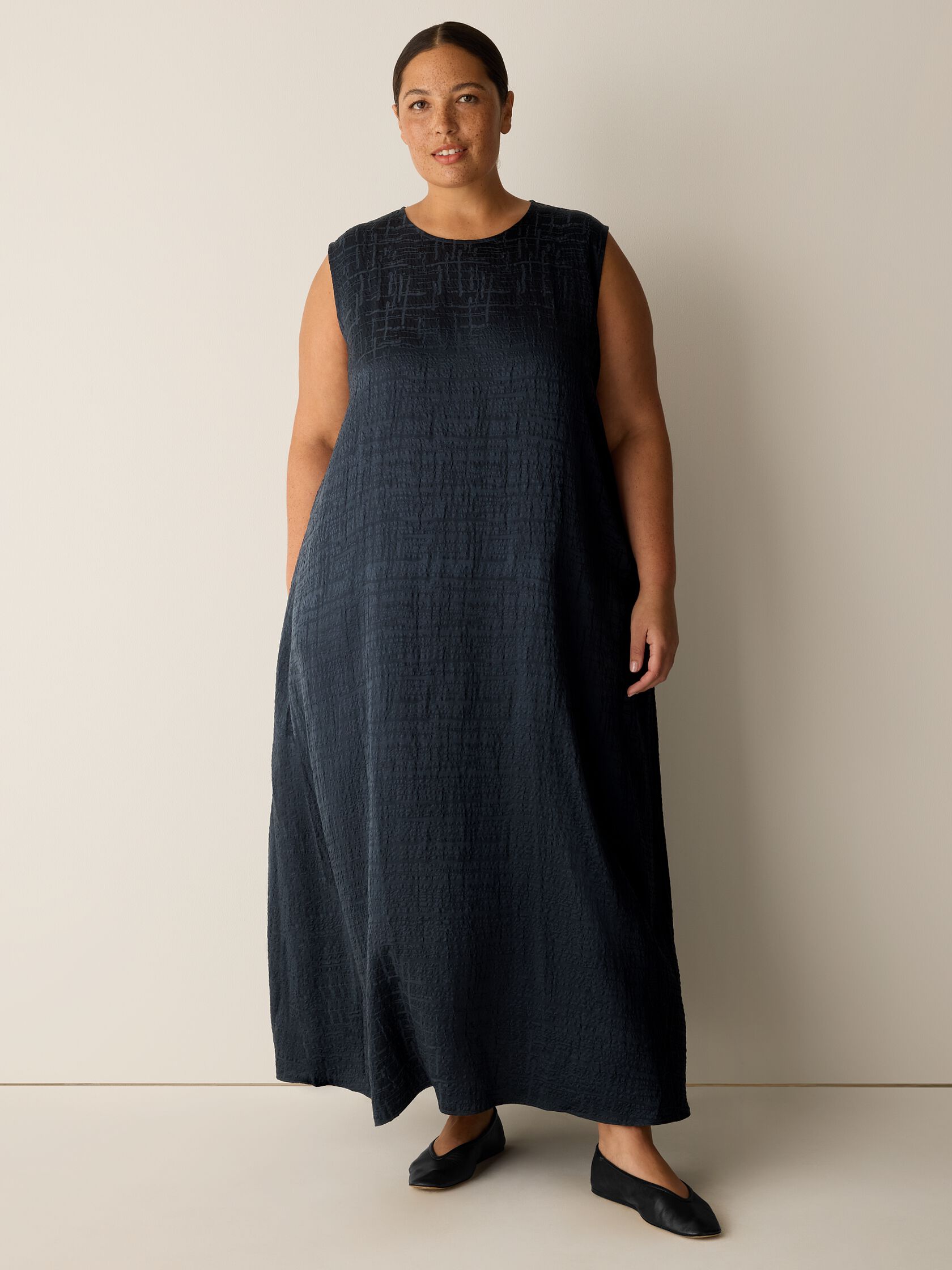 Dimensional Silk Jacquard Round Neck Dress