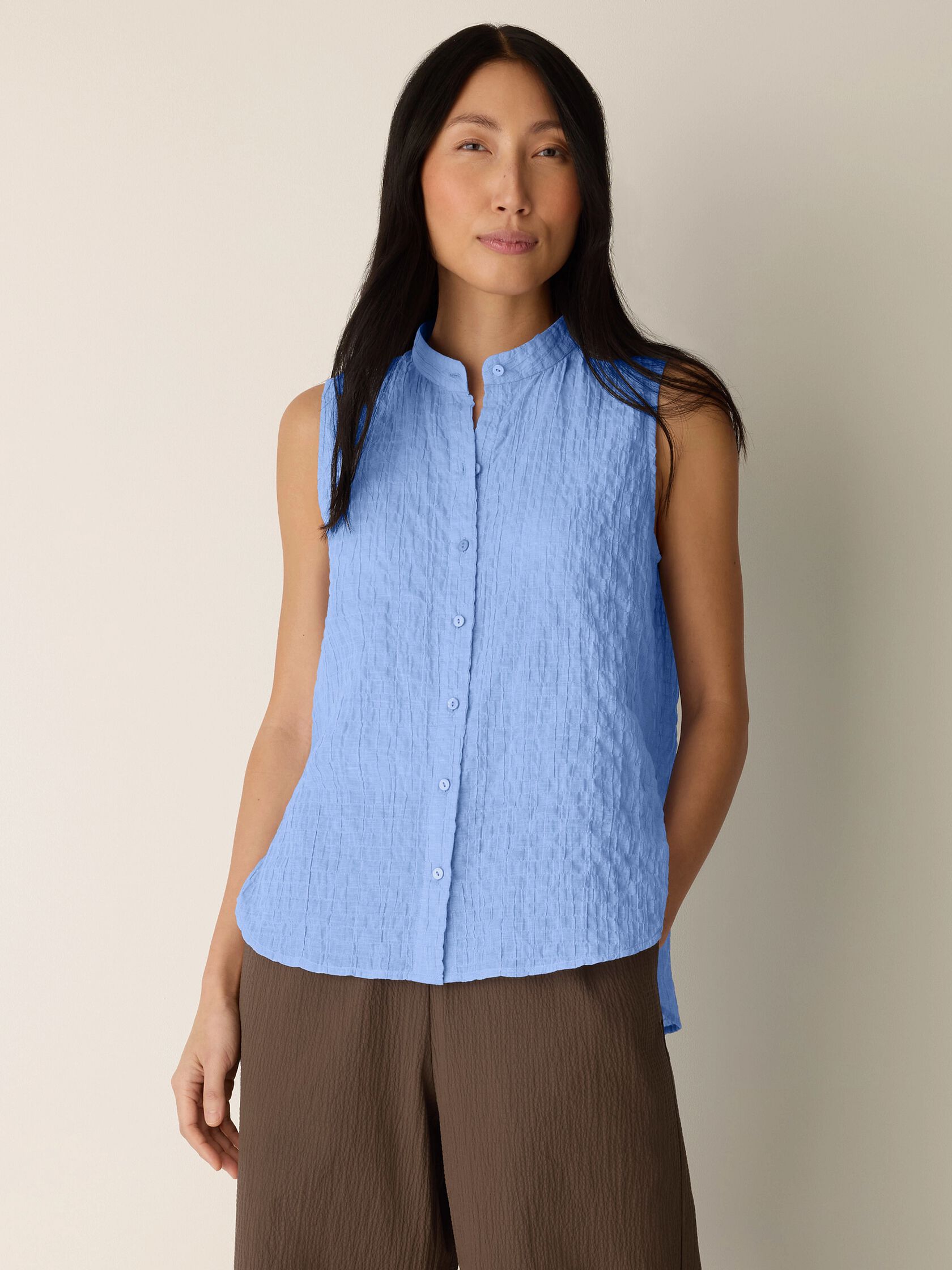 Organic Cotton Microstripe Pucker Sleeveless Shirt
