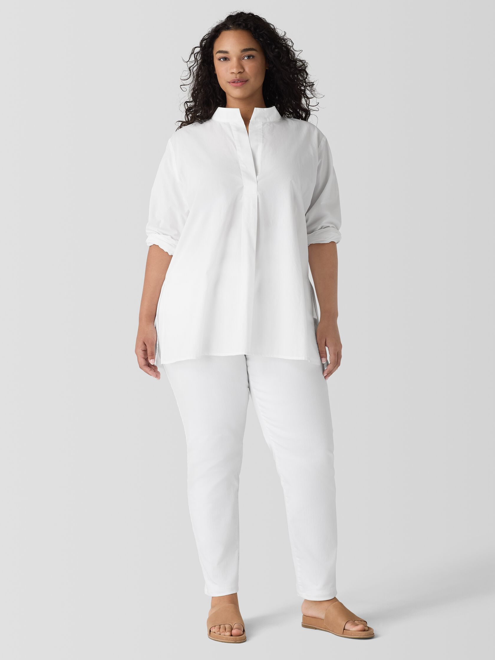 Washed Organic Cotton Poplin Stand Collar Top