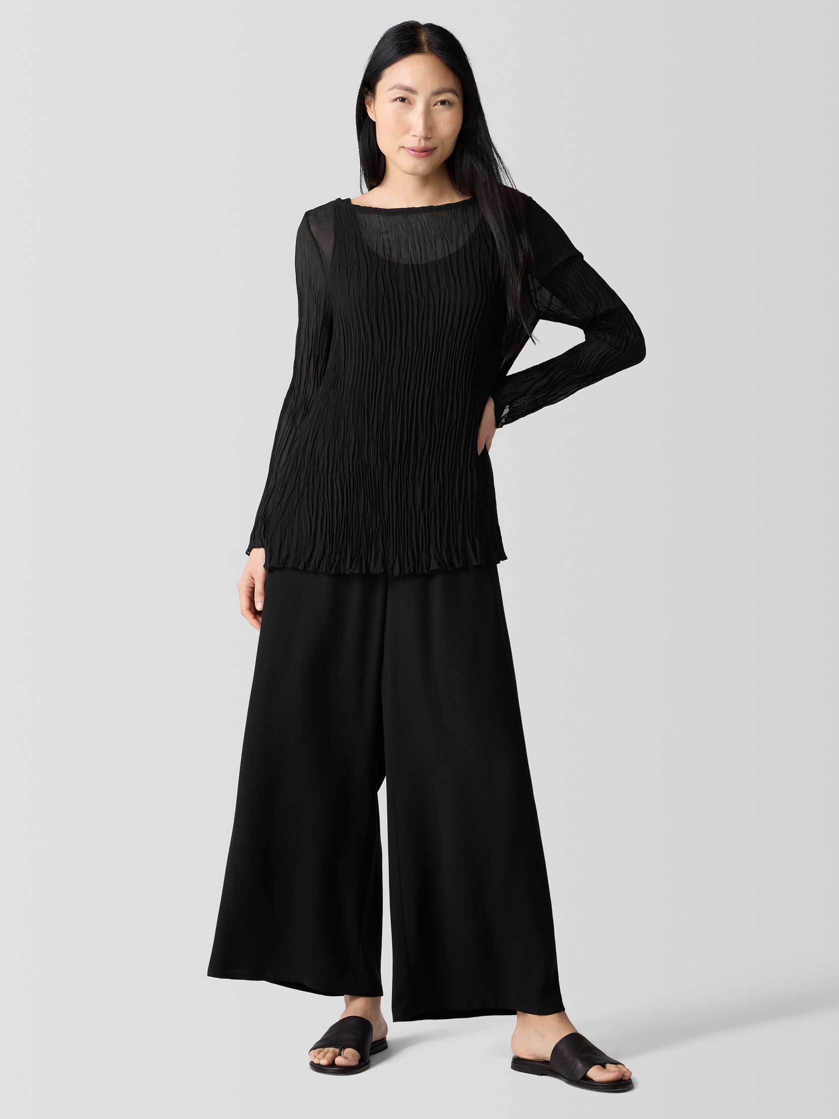 Crinkled Sheer Silk Georgette Bateau Neck Long Top