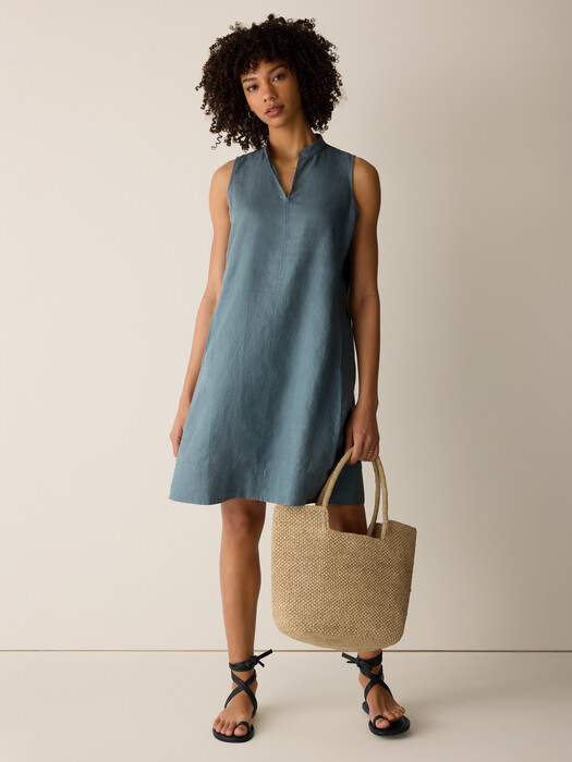 eileen fisher blue linen dress Eileen Fisher - Women's Washed Organic Linen Dlav Notch Collar Dress - Miscellaneous