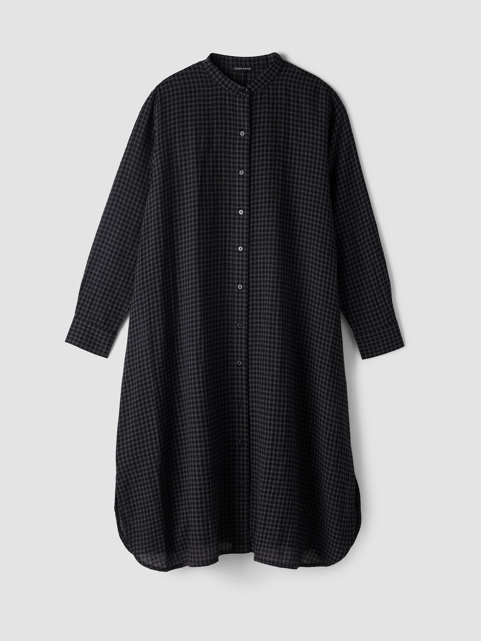 Wool Cotton Check Band Collar Shirtdress