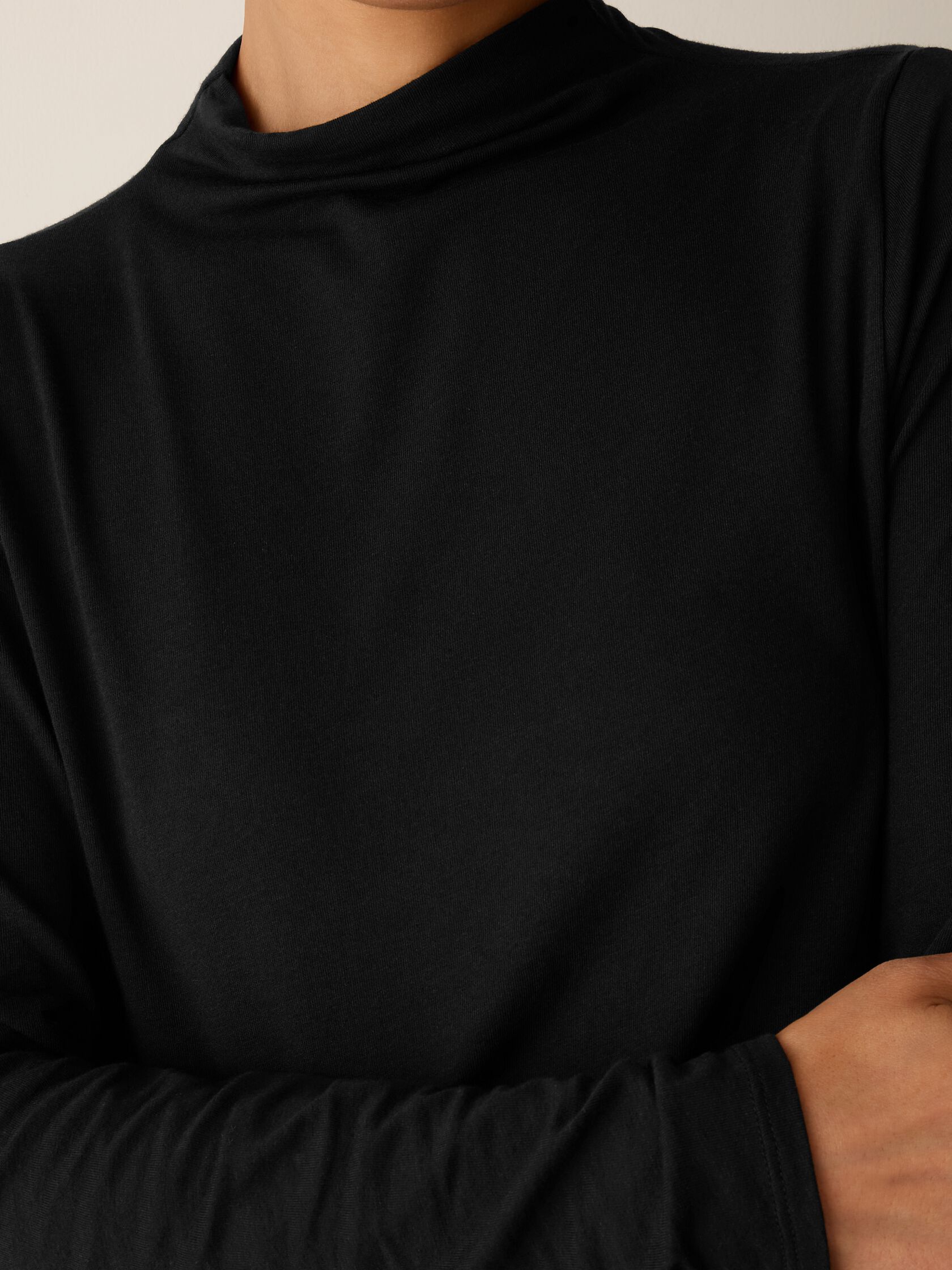 Sheer Cotton Blend Knit Funnel Neck Top