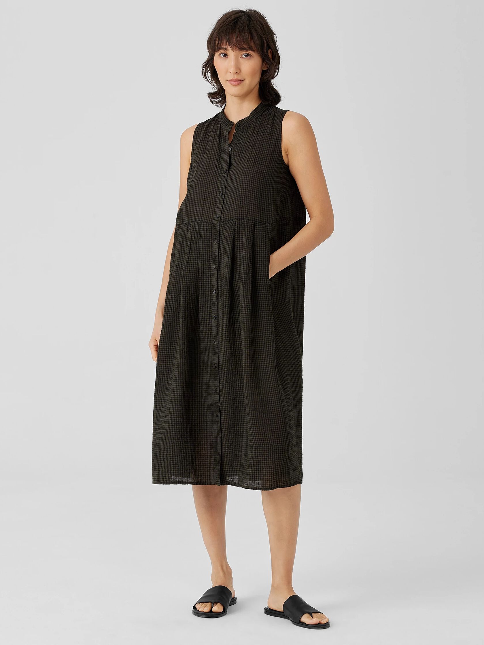 Puckered Organic Linen Pleated Dress