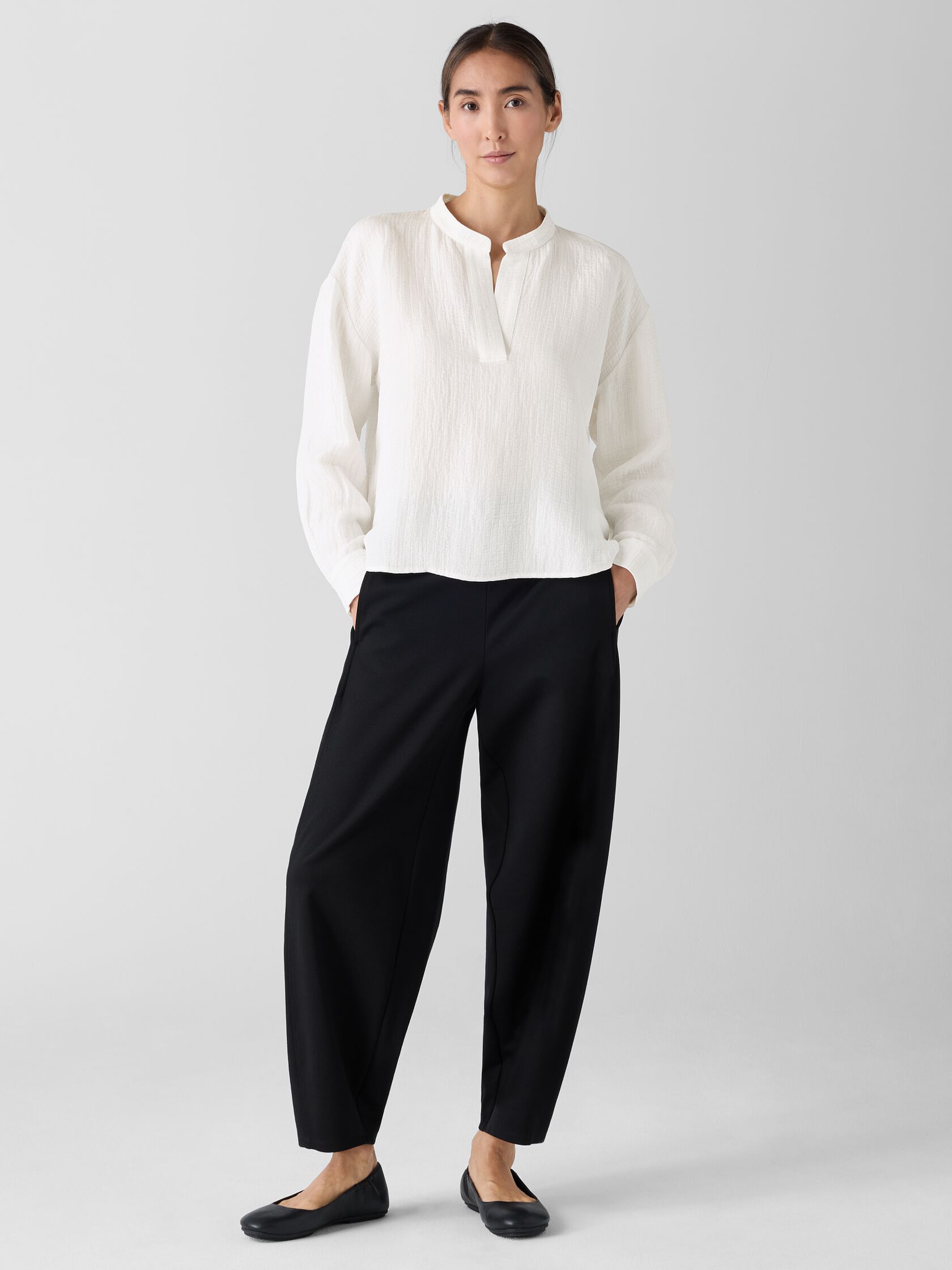 Silk Linen Box Band Collar Top