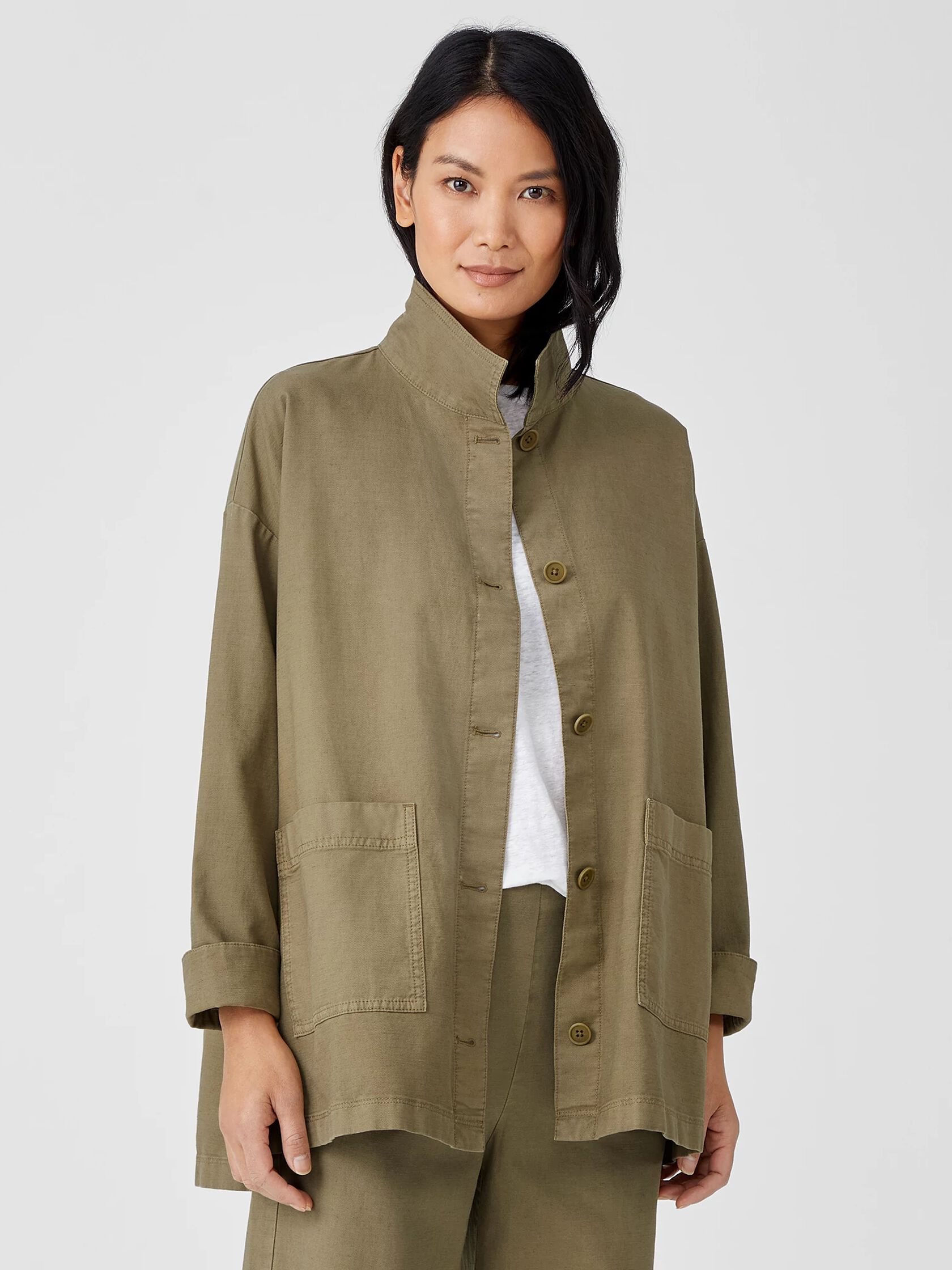 Cotton Hemp Stand Collar Jacket | EILEEN FISHER