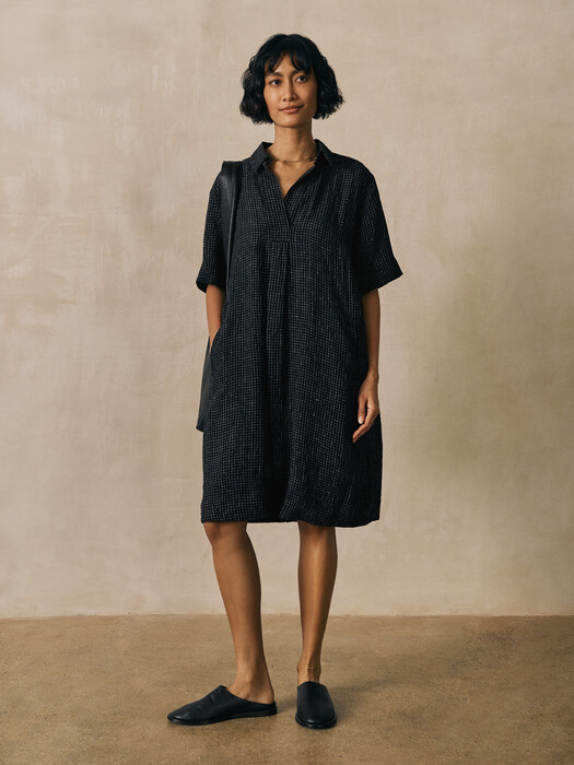 Puckered Organic Linen Grid Classic Collar Dress | EILEEN FISHER Puckered Organic Linen Grid Classic Collar Dress | EILEEN FISHER