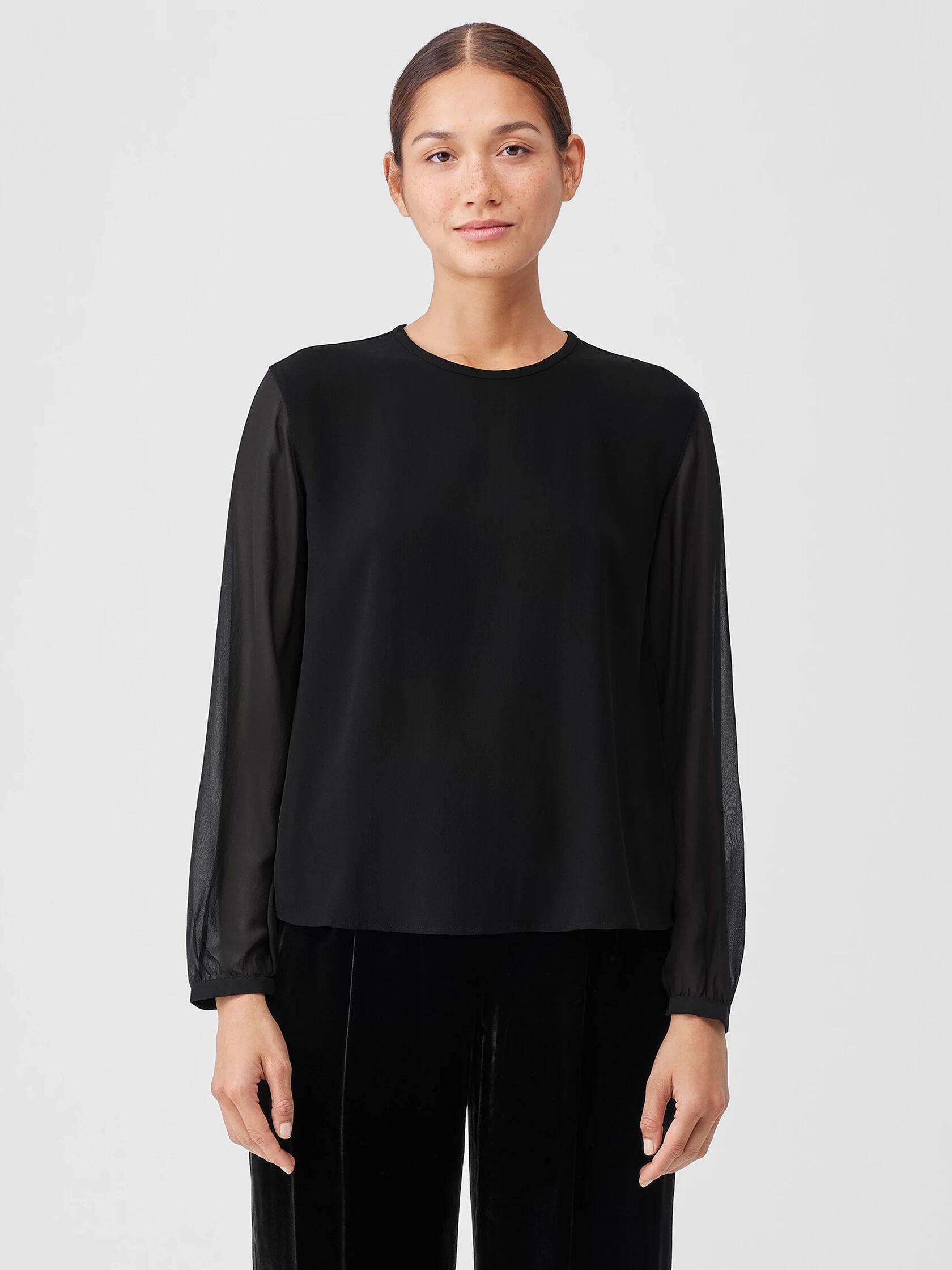 Silk Georgette Crepe Top with Sheer Sleeves