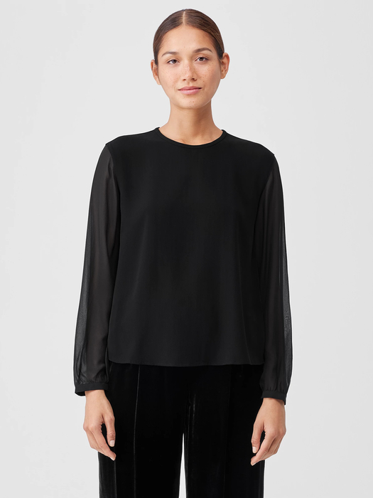 Silk Georgette Crepe Top with Sheer Sleeves