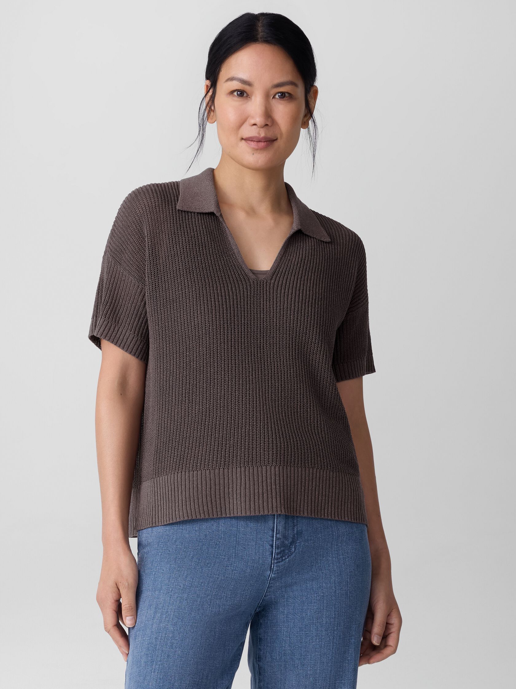 Cotton Silk Cord Split Neck Top
