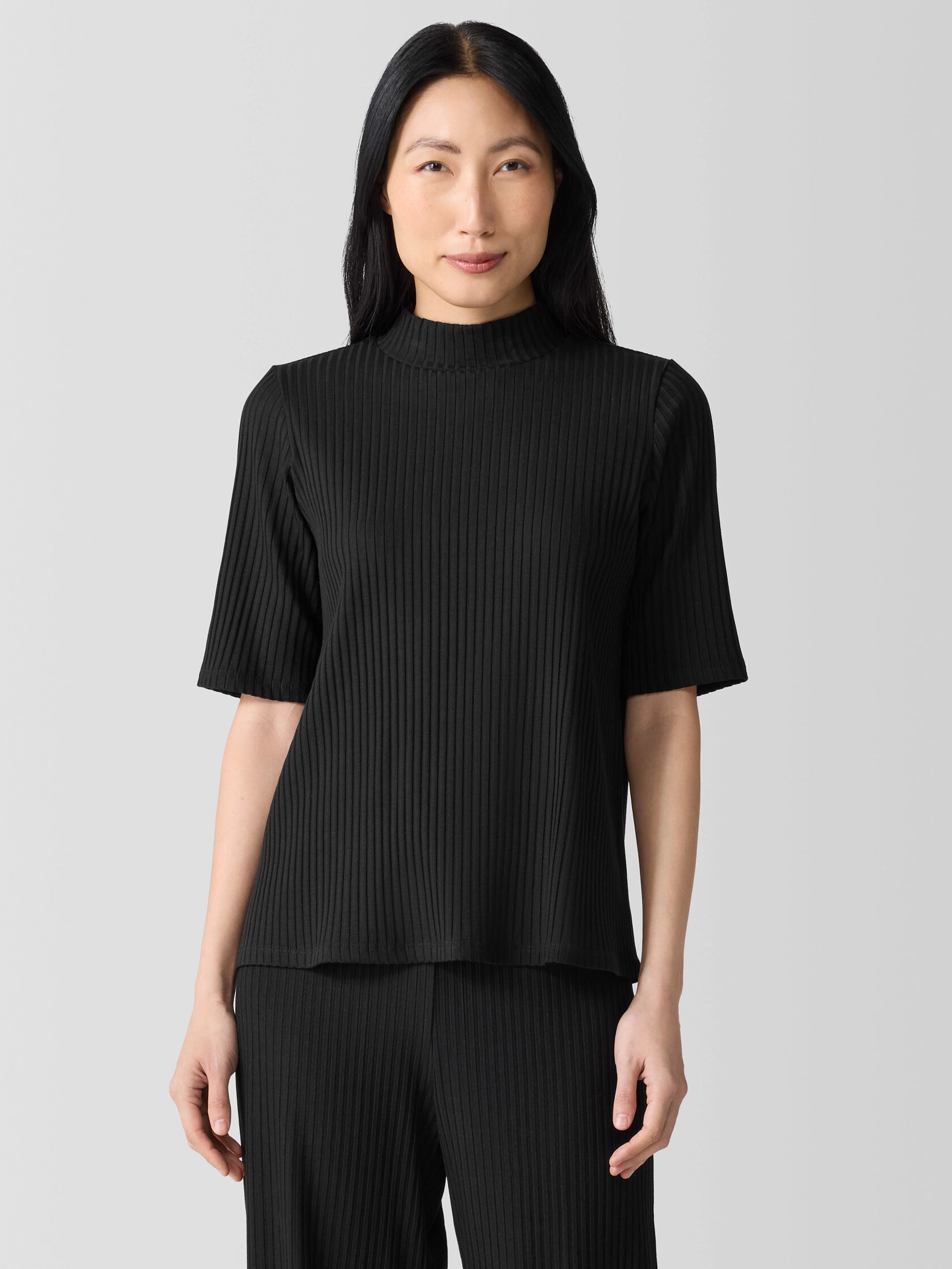 Textured Stretch Rib Mock Neck Top