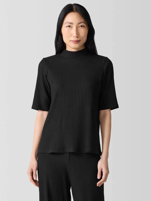 Textured Stretch Rib Mock Neck Top