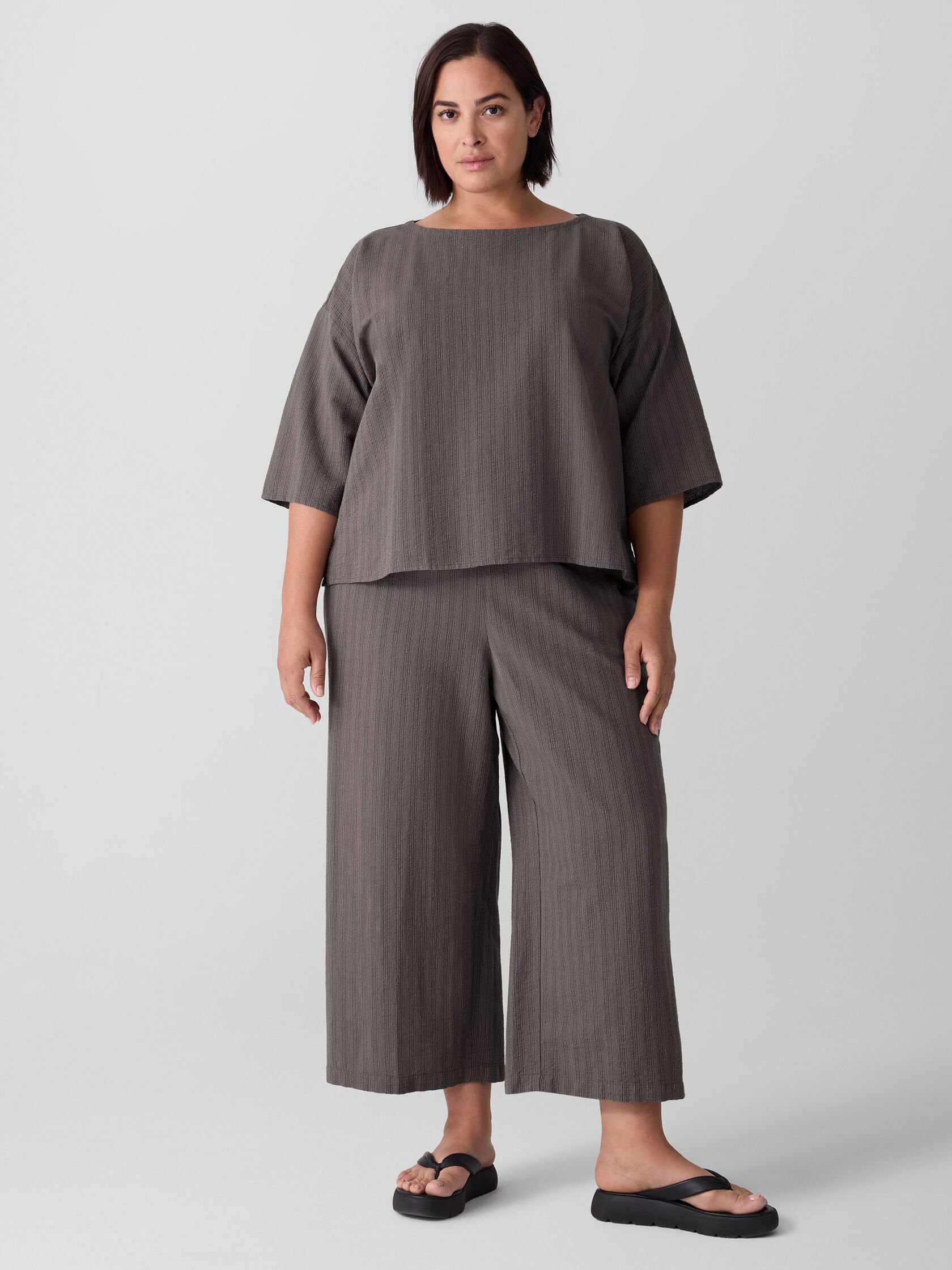Cotton Blend Stripe Stitch Wide-Leg Pant