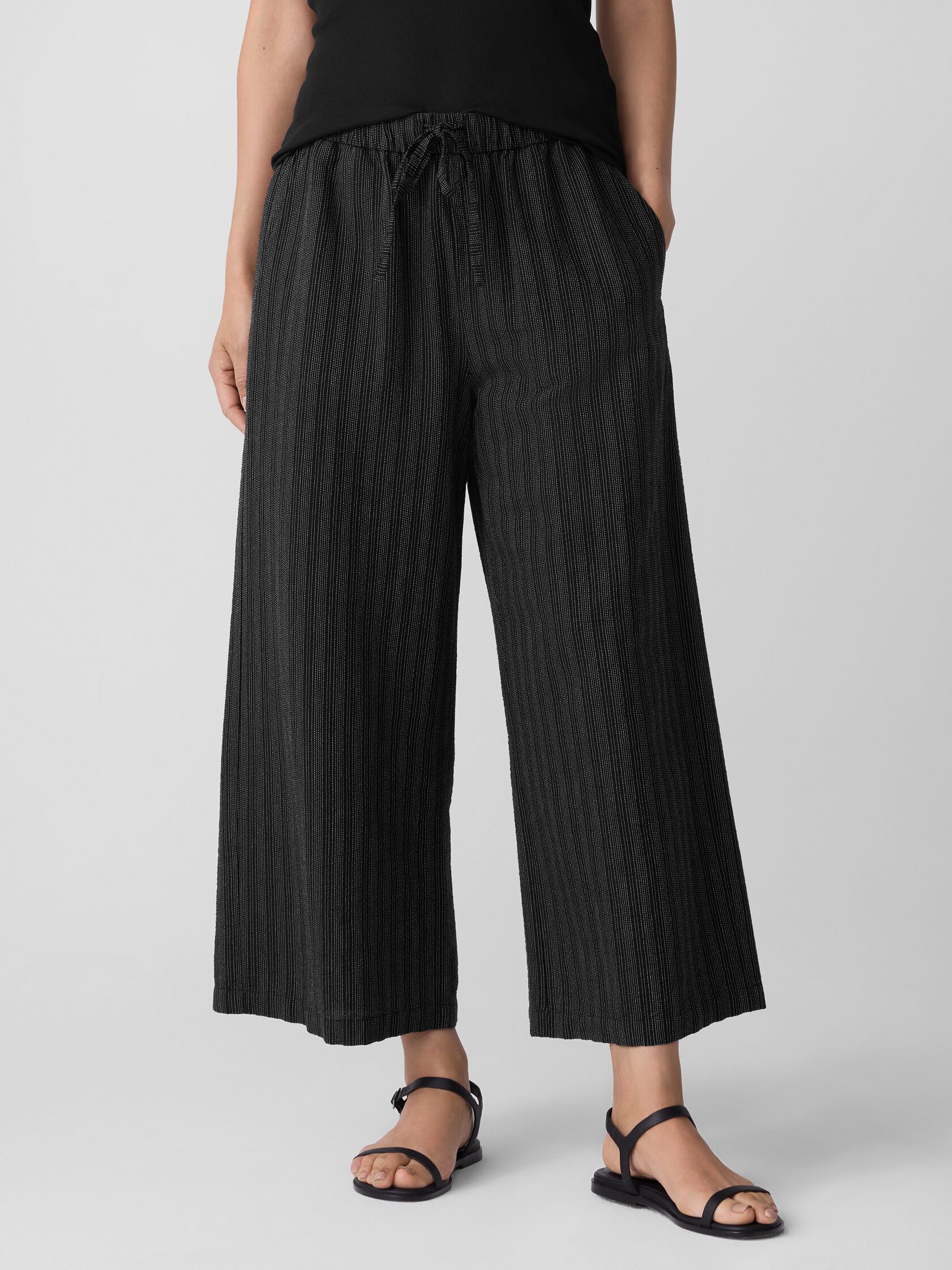 Cotton Blend Stripe Stitch Wide-Leg Pant