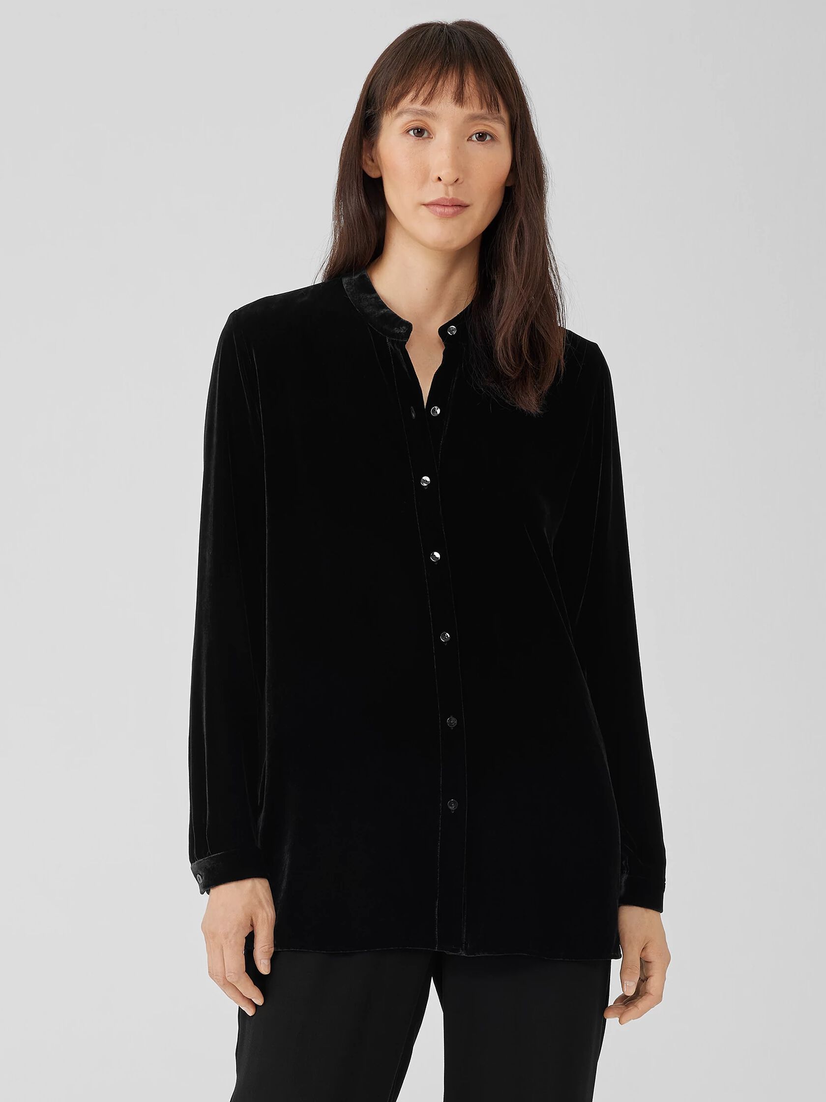 Velvet Band Collar Long Shirt