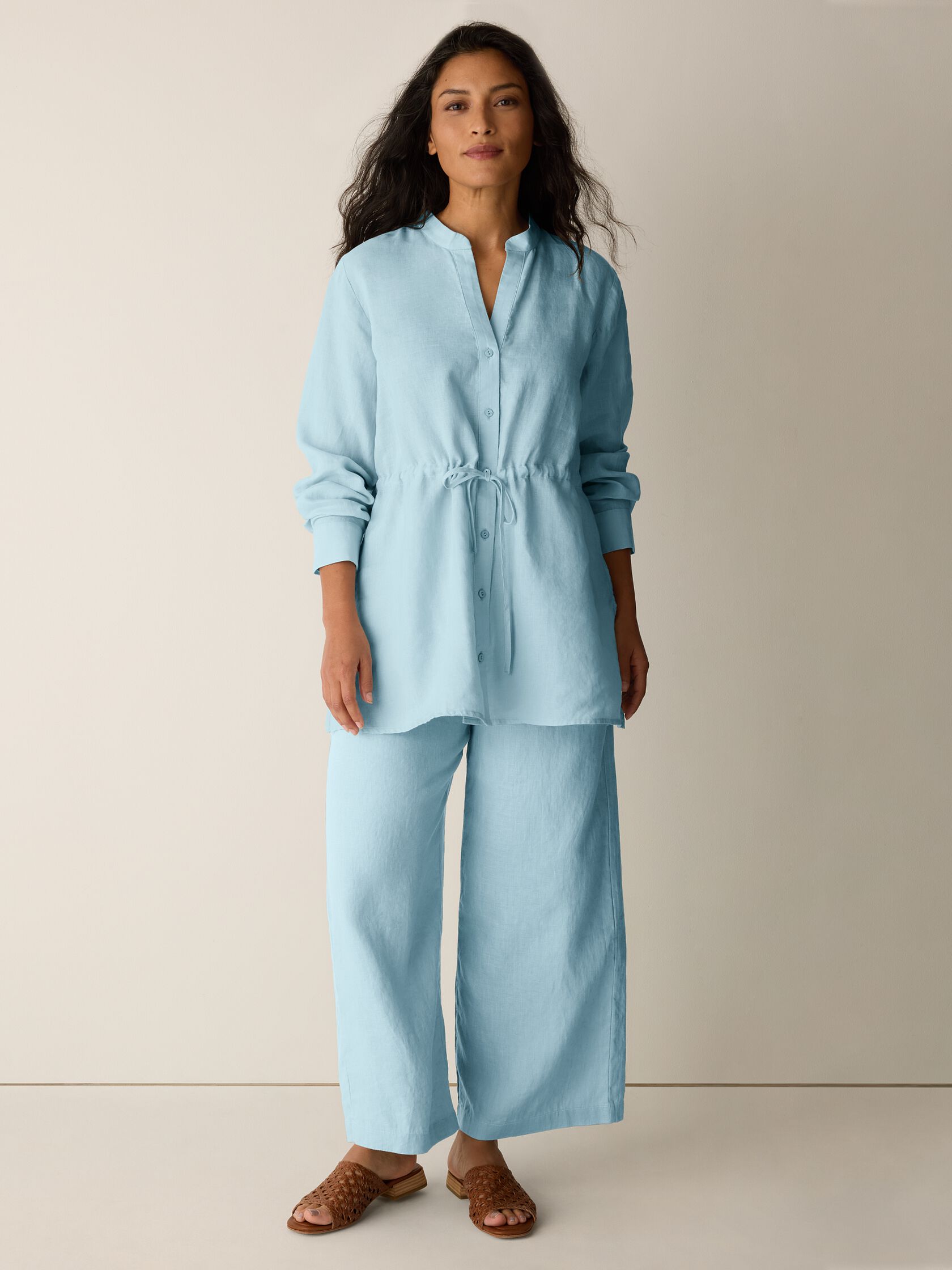 Organic Handkerchief Linen Band Collar Long Shirt