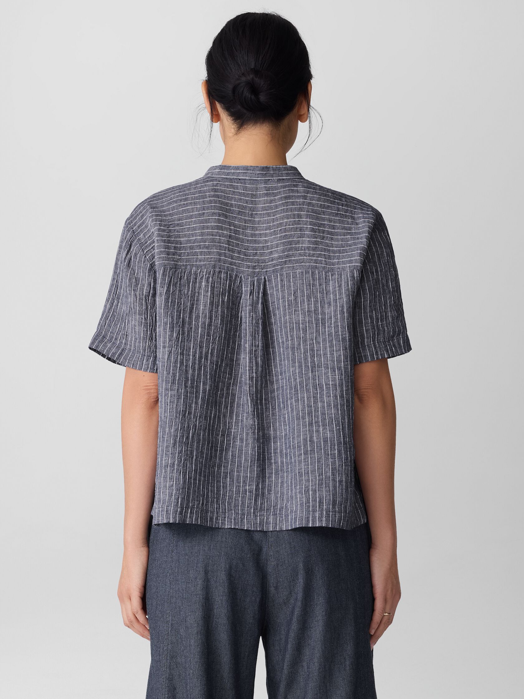 Puckered Organic Linen Band Collar Shirt