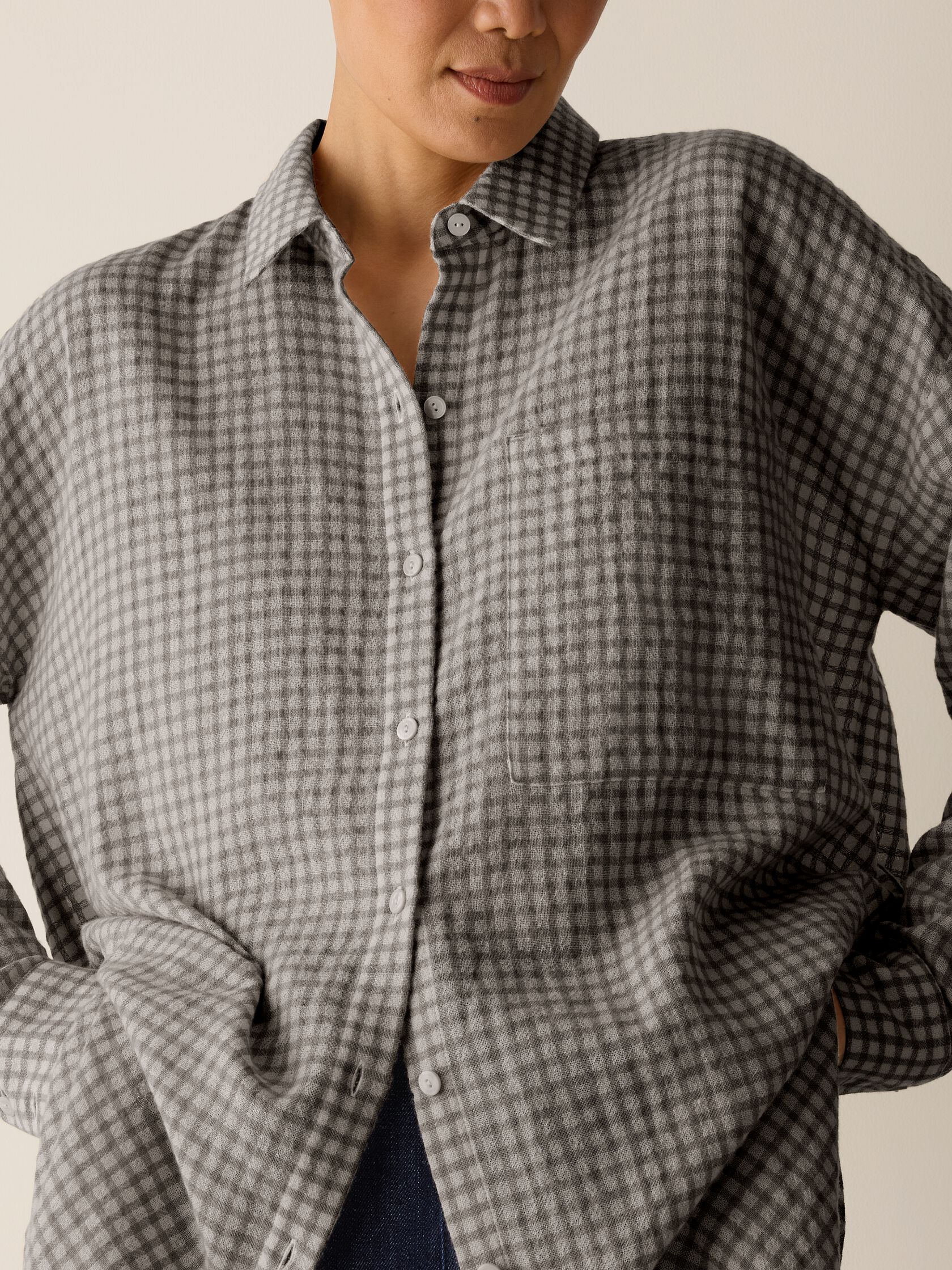 Wool Cotton Check Classic Collar Long Shirt