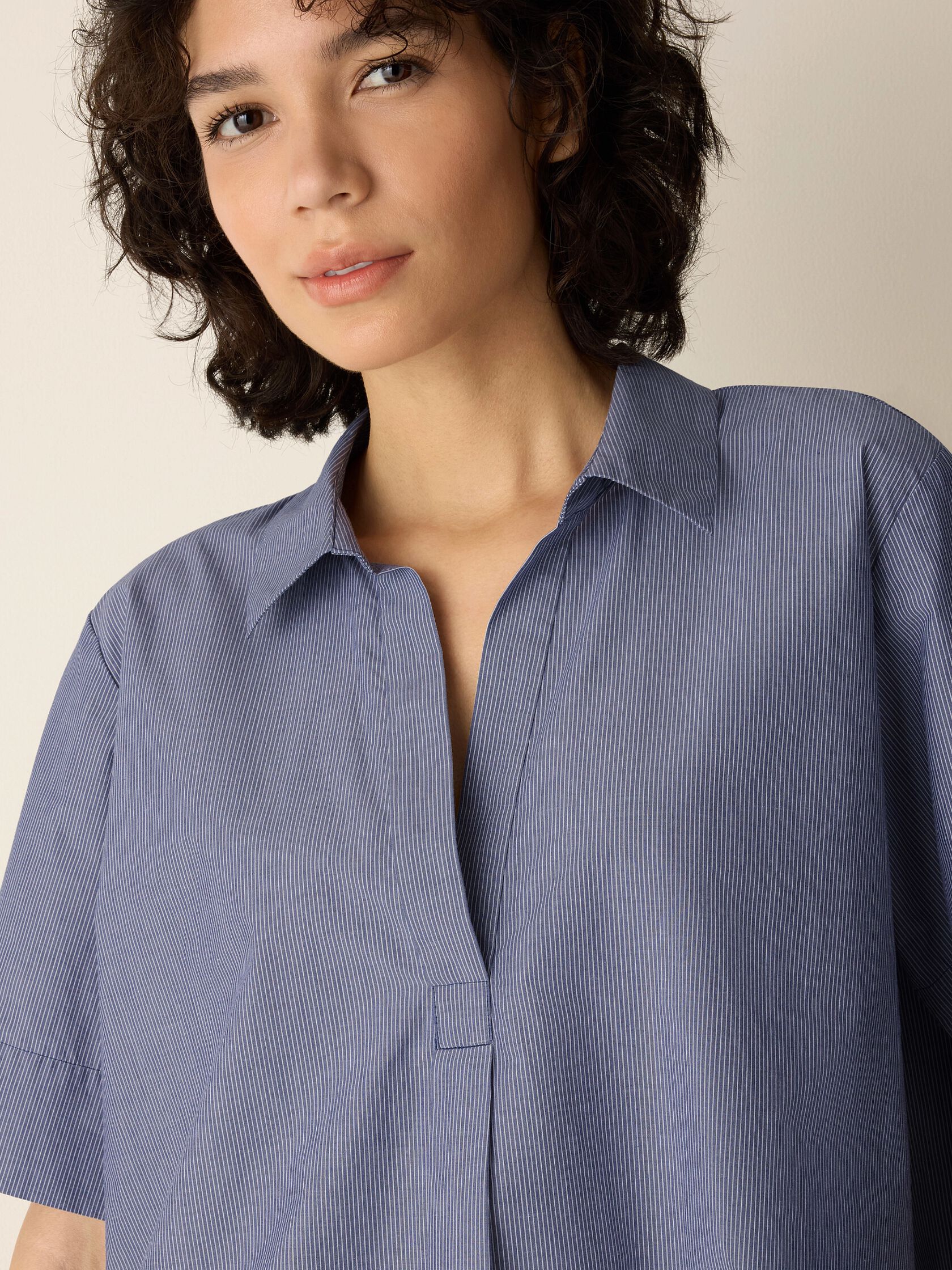 Striped Organic Cotton Poplin Split Neck Top