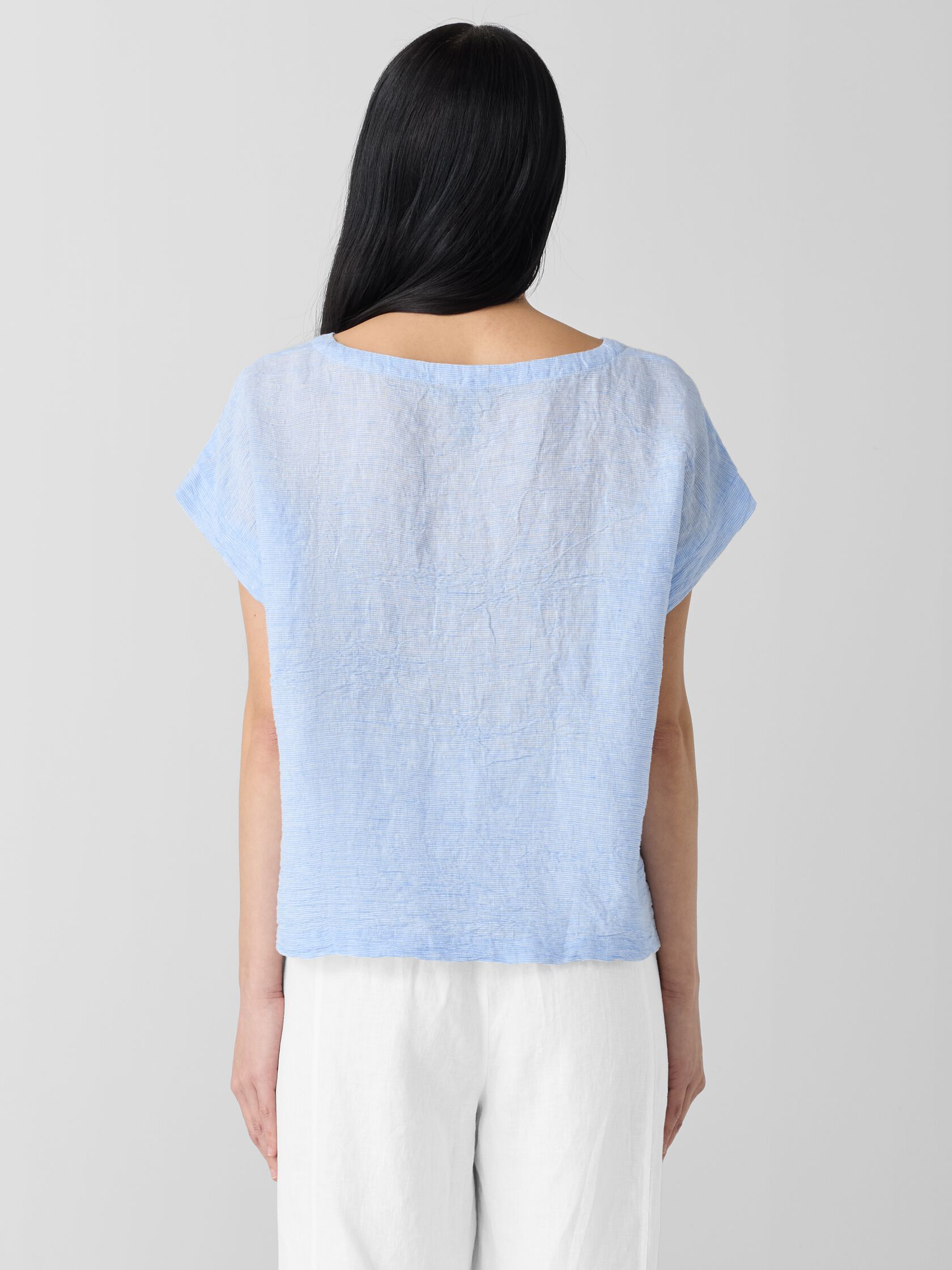 Puckered Organic Linen Stripe Ballet Neck Top