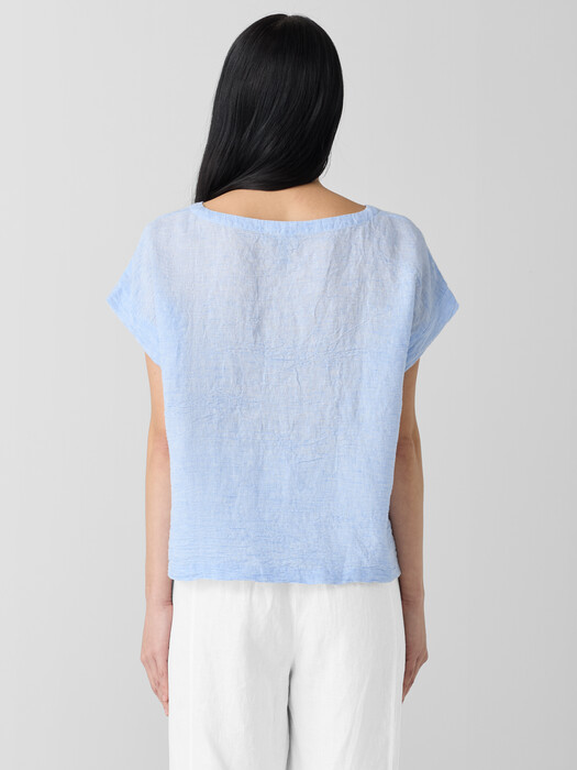 Puckered Organic Linen Stripe Ballet Neck Top
