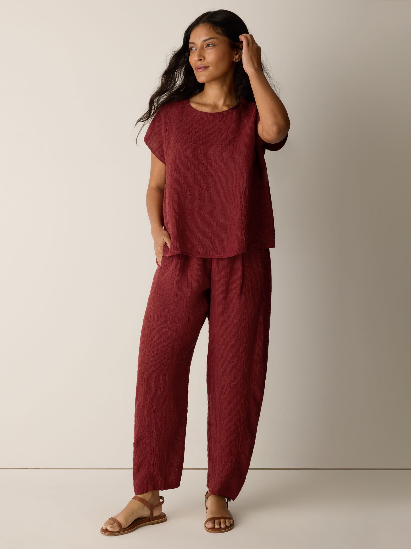 Puckered Organic Linen Stripe Lantern Pant