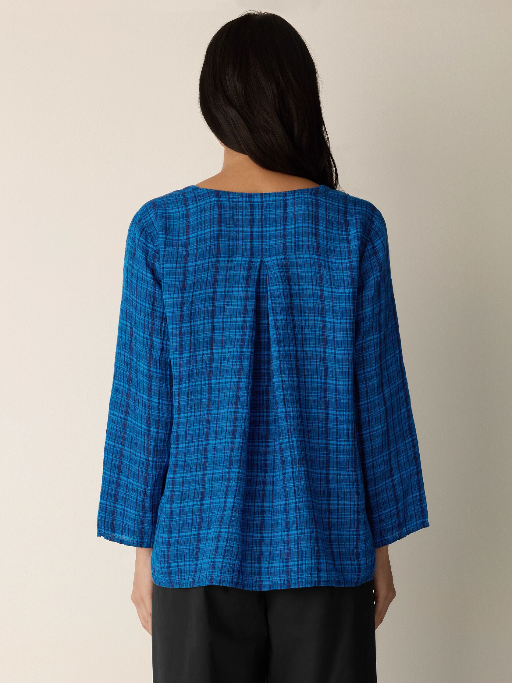 Puckered Organic Linen Plaid Keyhole Top