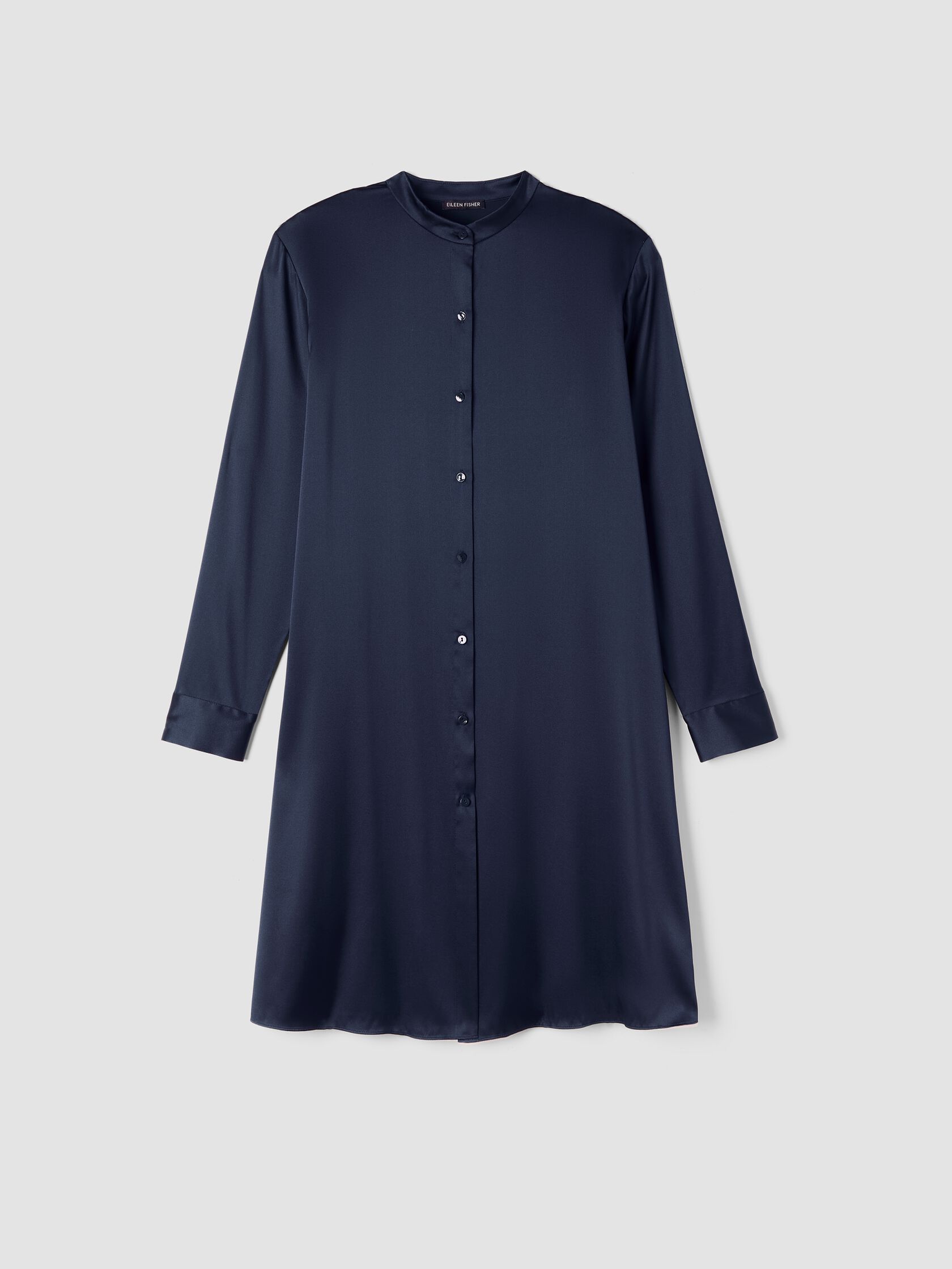 Stretch Silk Charmeuse Band Collar Long Shirt
