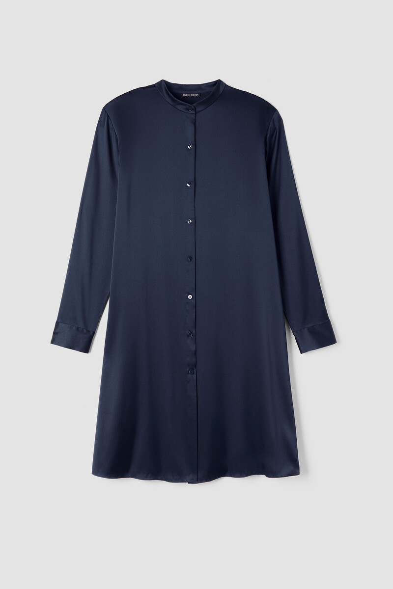 Stretch Silk Charmeuse Band Collar Long Shirt Stretch Silk Charmeuse Band Collar Long Shirt