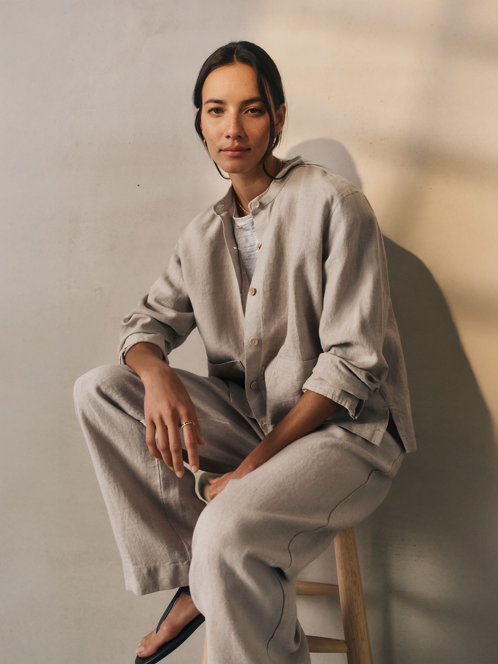 Organic Linen Band Collar Shirt Jacket