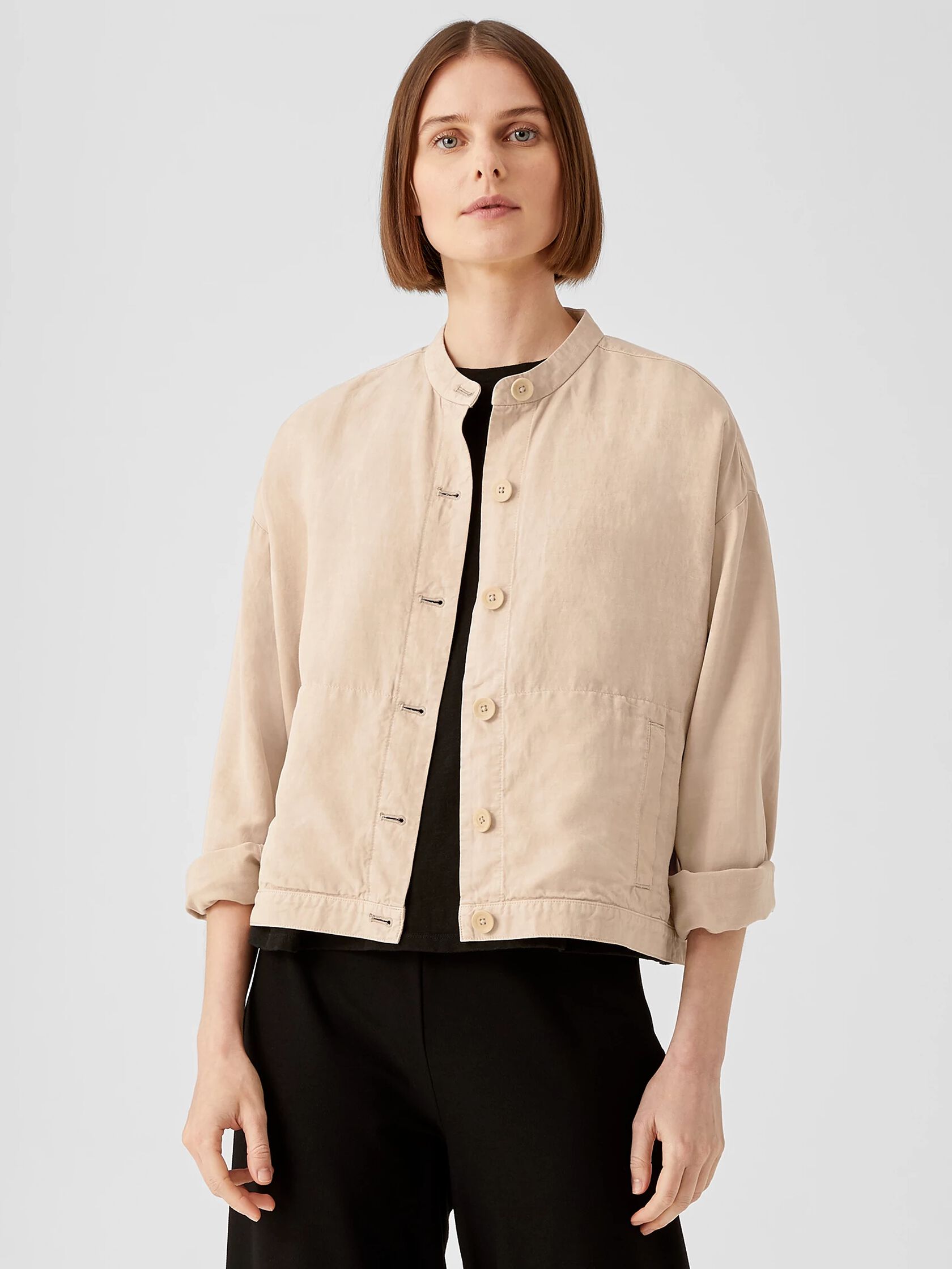 Linen Blend Stand Collar Jacket