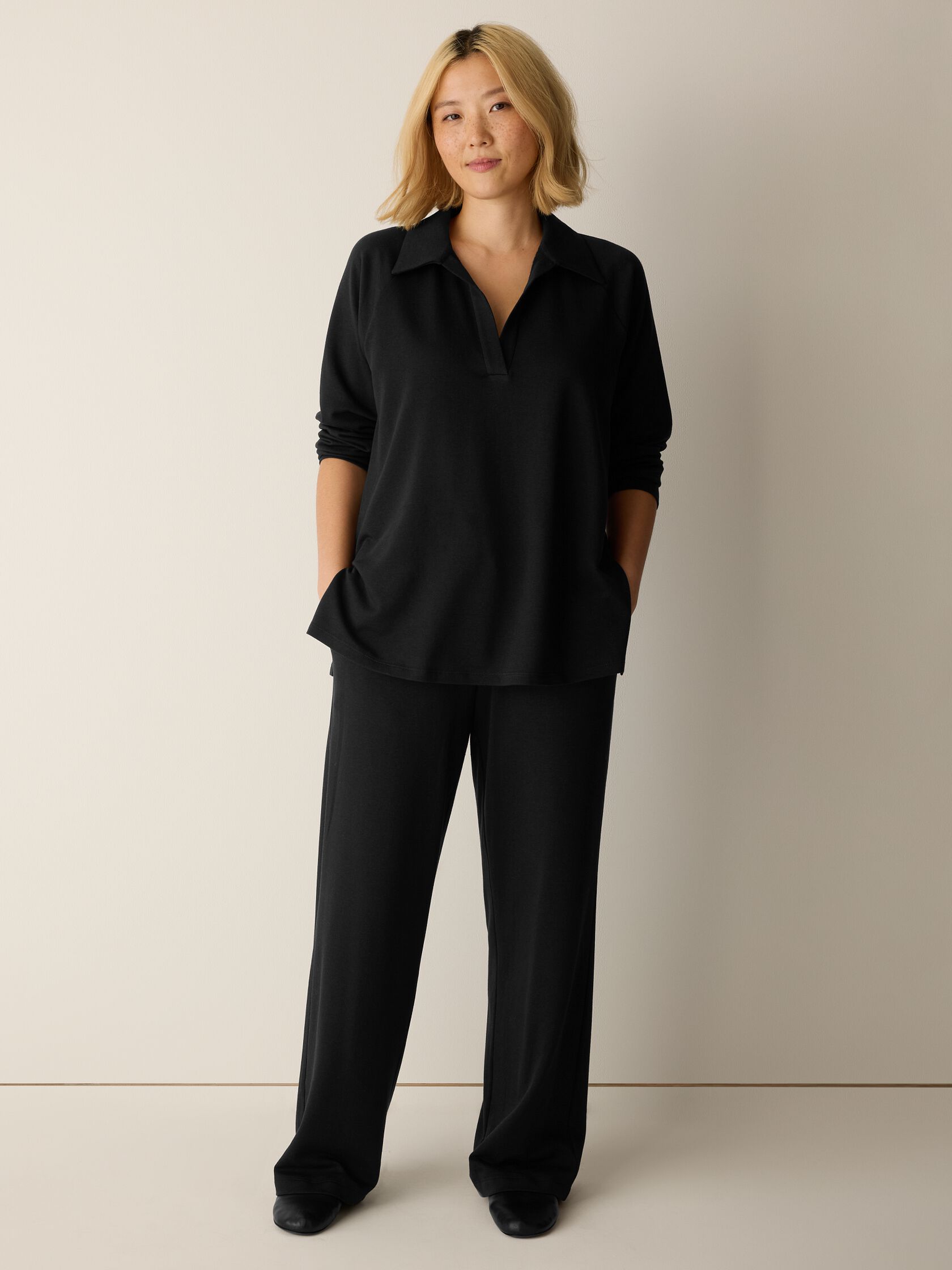 Cozy Brushed Terry Hug Split Neck Long Top