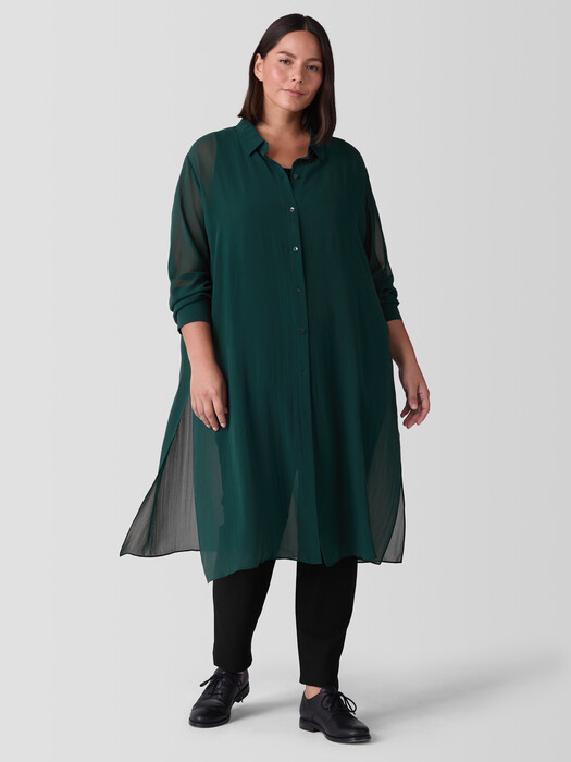 Sheer Silk Georgette Classic Collar Long Shirt