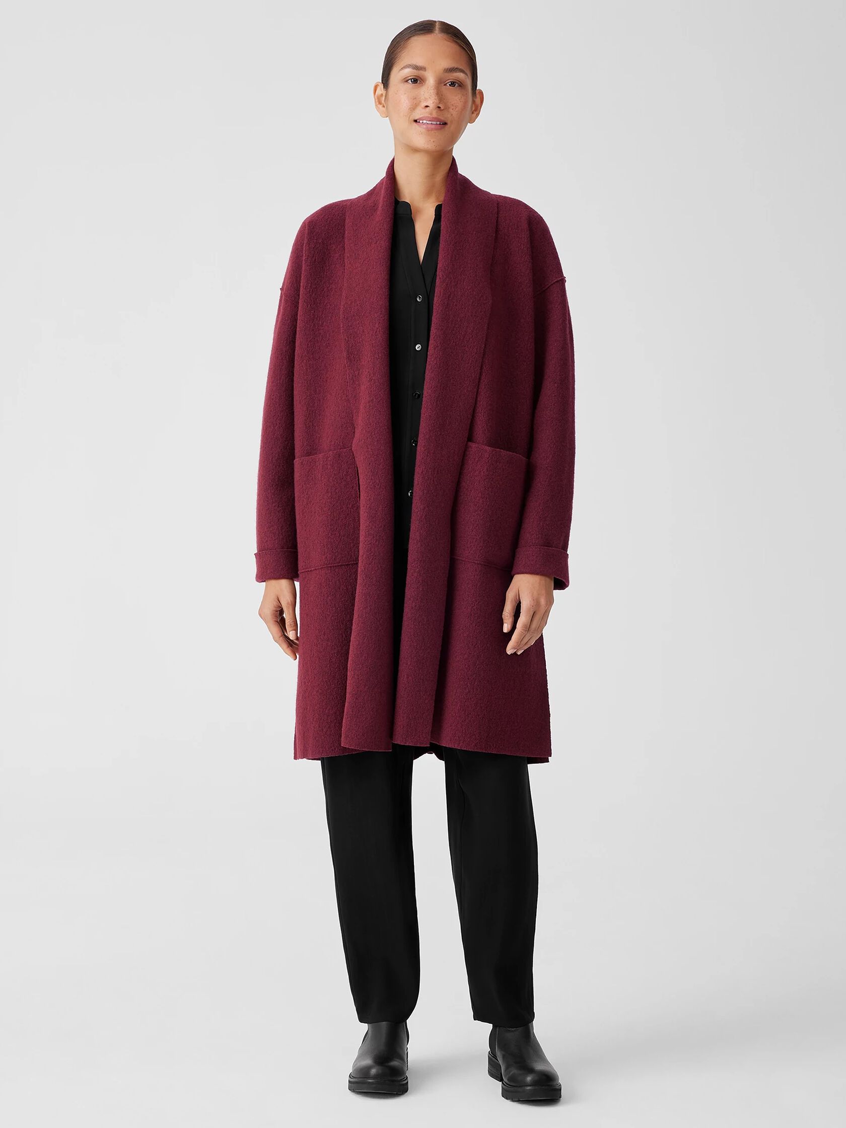 Lightweight Boiled Wool High Collar Coat in Regenerative Wool