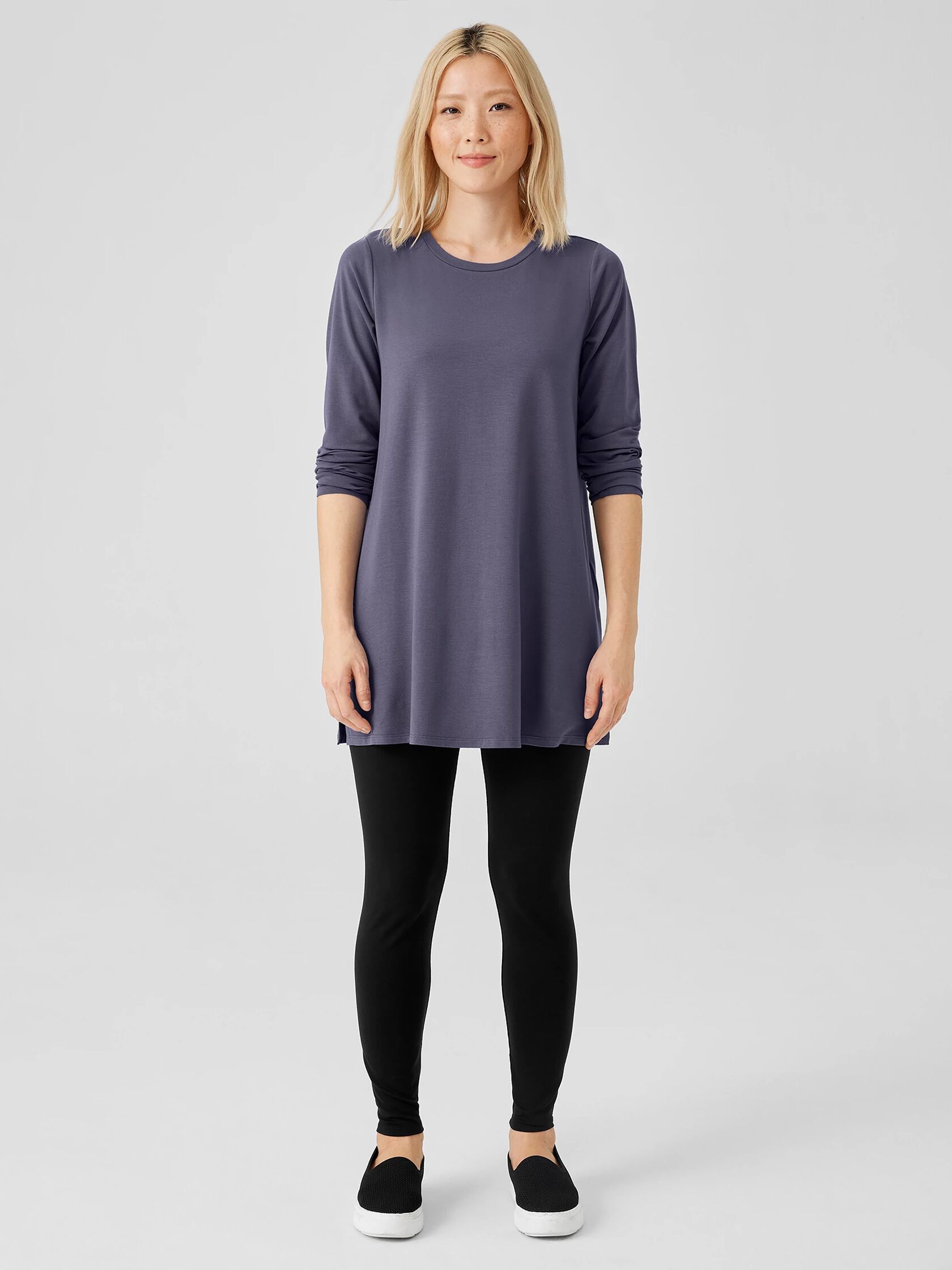 Stretch Jersey Knit Crew Neck Long Top EILEEN FISHER