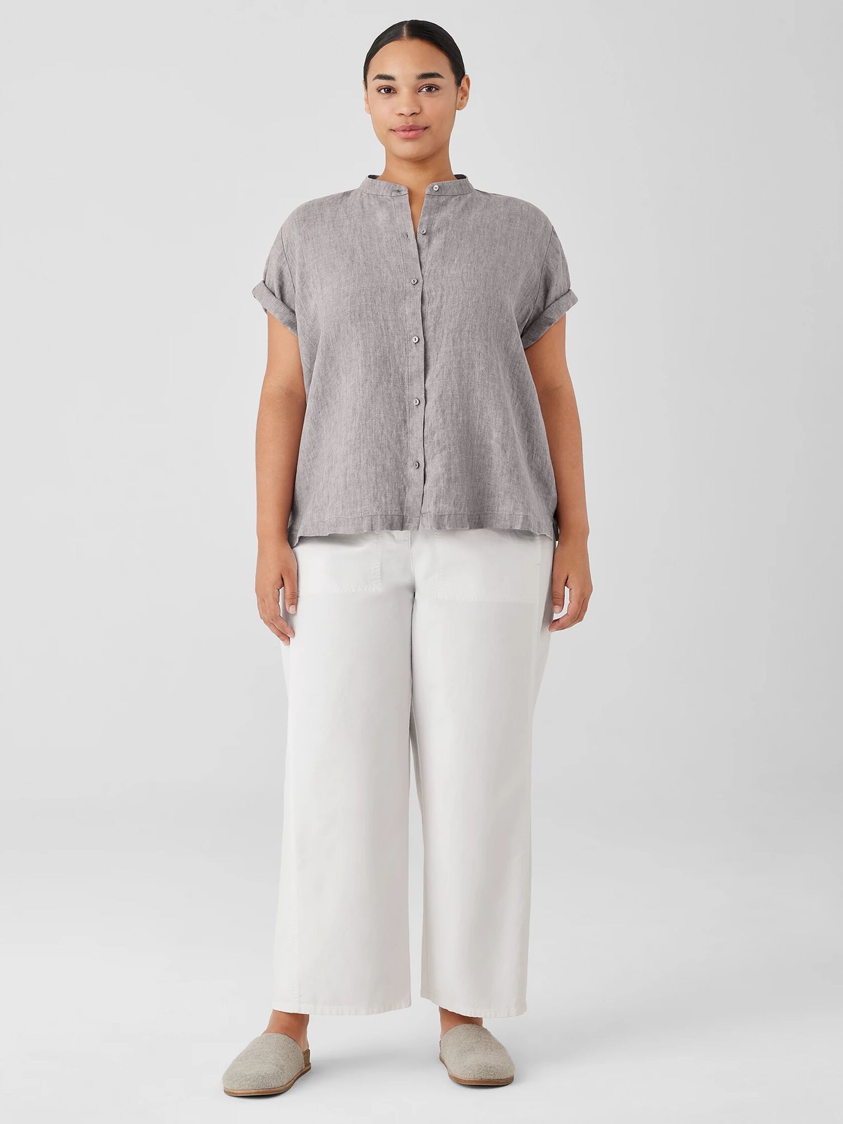 Washed Organic Linen Délavé Band Collar Shirt