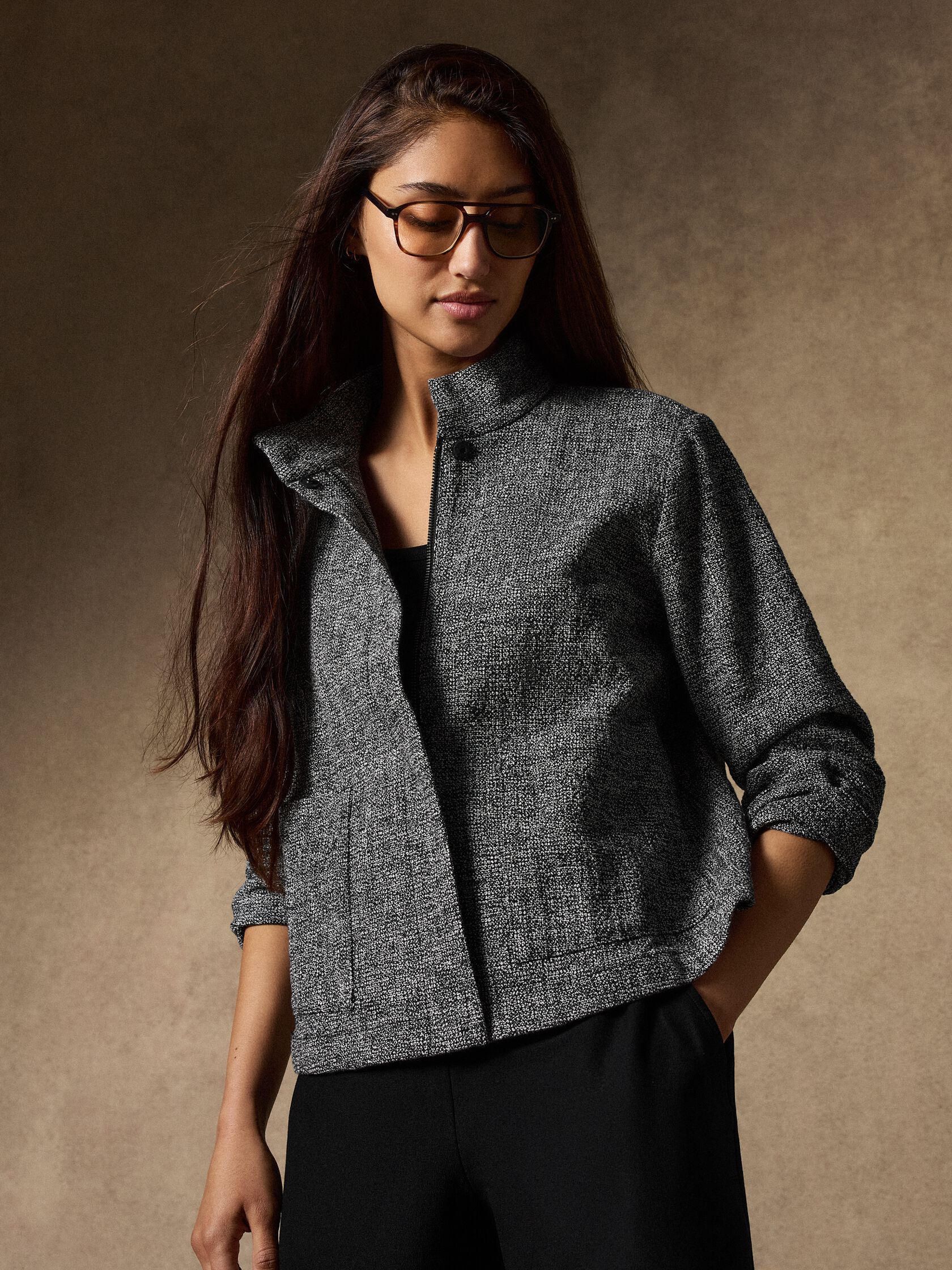 Organic Cotton Tweed Stand Collar Jacket