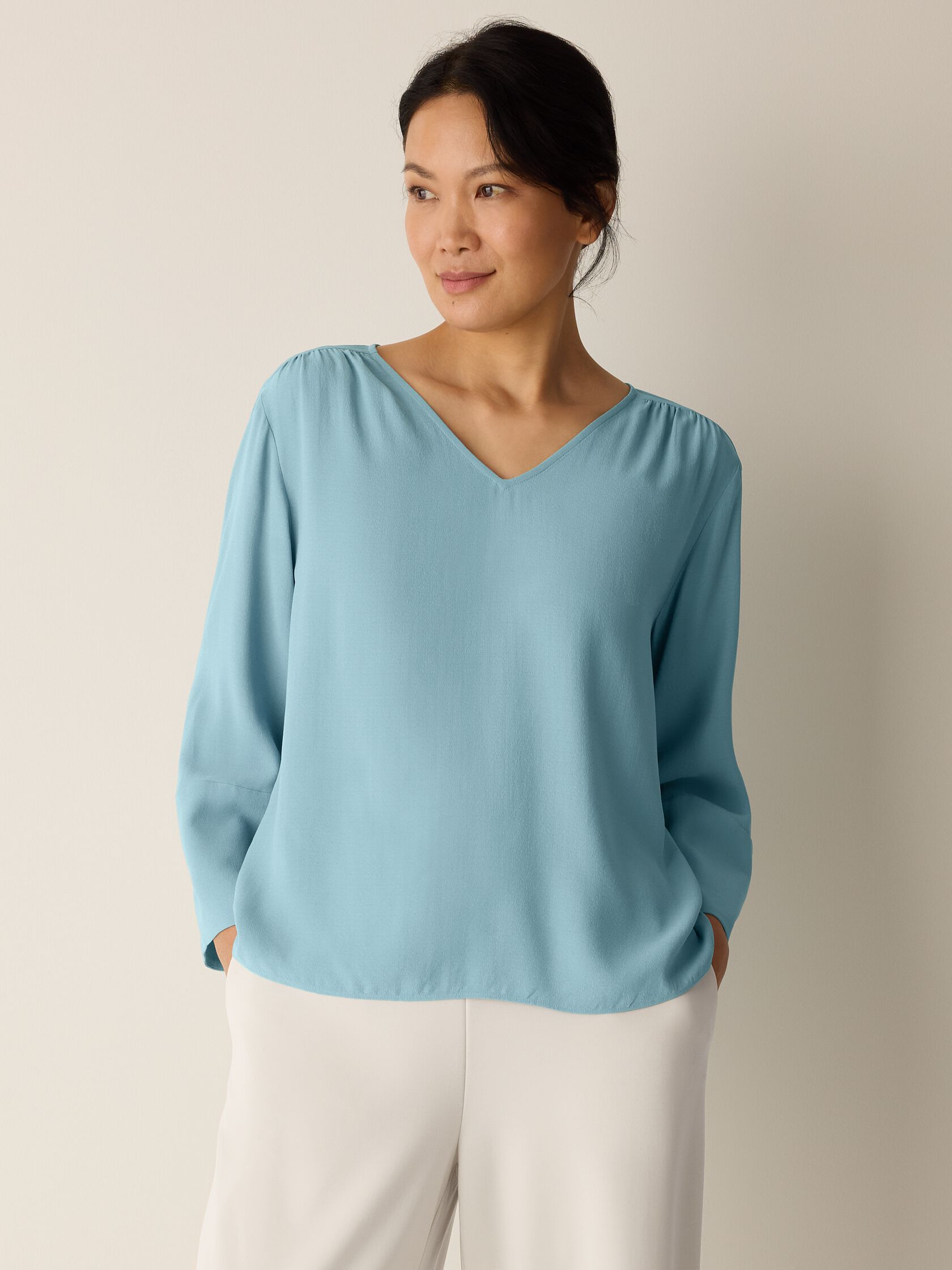 Silk Georgette Crepe V-Neck Top